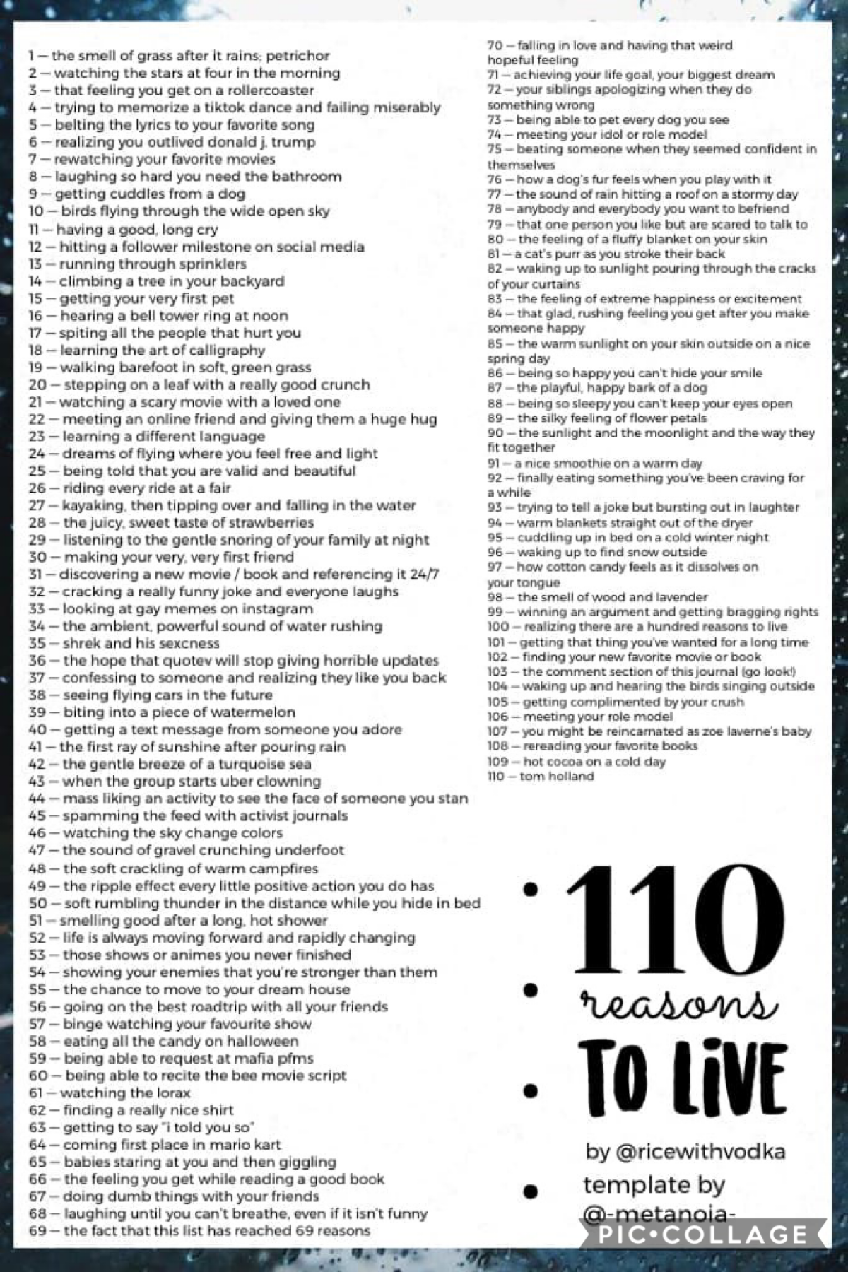-110 reasons to live-

credit to @ricewithvodka on quotev

there is always a reason to live. always.