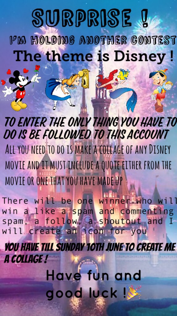 ✨tap✨
It’s contest time 👏
All you have to do to enter is be followed to this account💕you need to create a collage on any Disney movie you wish but it must include a quote either from the movie or one that you have made up yourself ❤️you have till Sunday 1