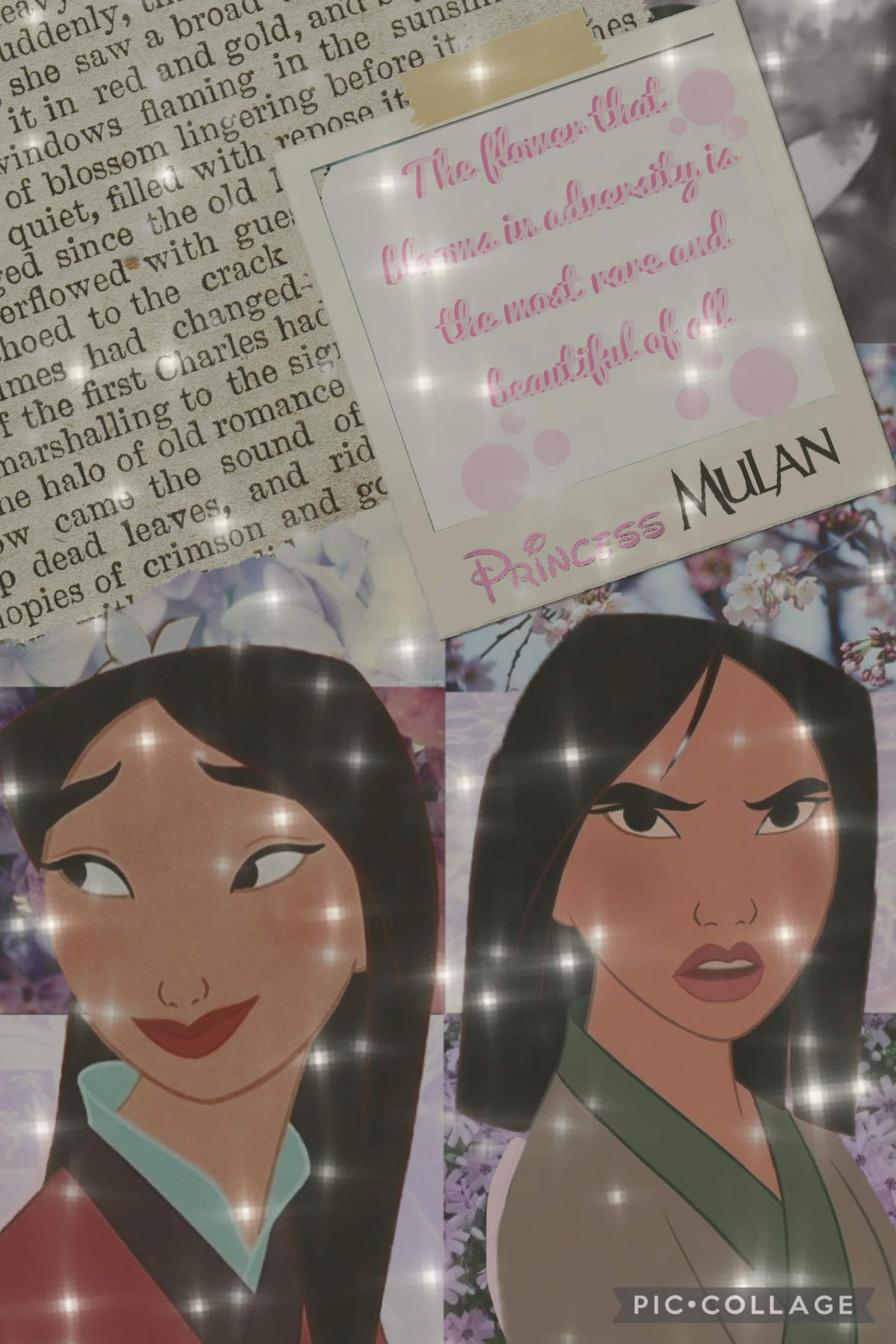 Disney collage #2 (tap) 
Princess Mulan 
“The flower that blooms in adversity is the most rare and beautiful of all” ❤️✨
