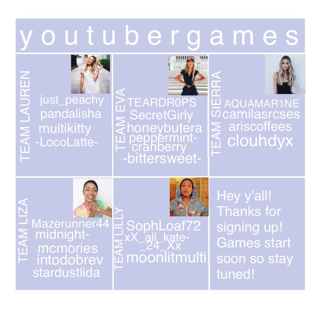 TAP

HEY Y'ALL GAMES START SOON THESE ARE THE TEAMS I DECIDED TO TAKE TEAM MERE PUT COZ NO ONE WAS IN IT. THIS LAYOUT LOOKS TERRIBLE BUT AMAZING WHEN @ybigames DOES IT. LAYOUT INSPIRED BY HER 💕💕