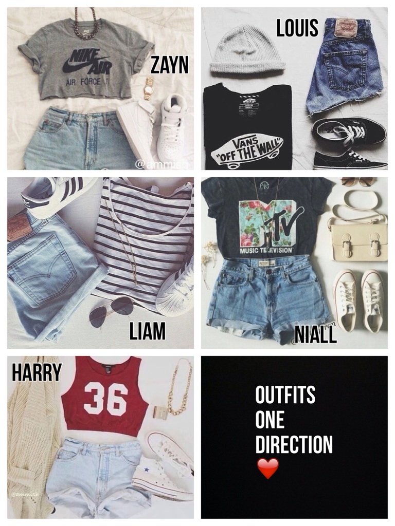 Outfits One Direction ❤️
Zayn❤️
Louis❤️
Liam❤️
Niall❤️
Harry❤️