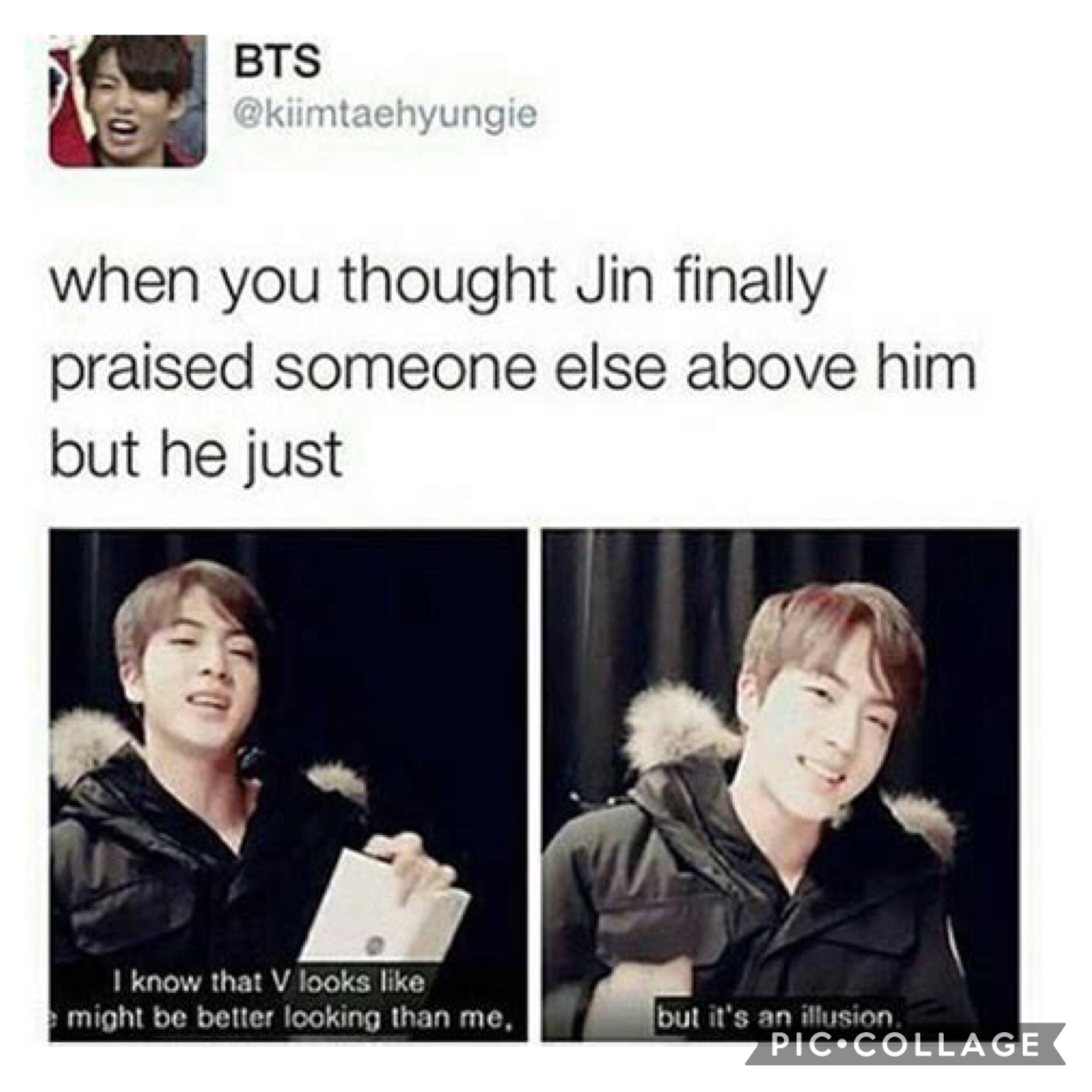 currently 11:27 right now 💫 I should be asleep, I have to wake up early anyway tomorrow T-T 😅😩 enjoy a Jin meme, cause you never can have enough of jiN 💛 