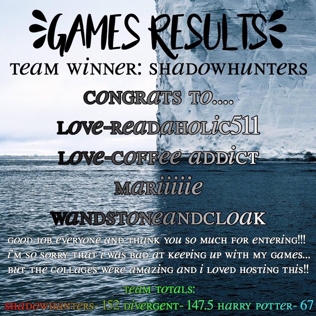 FINALLY!!! I’m so glad this is over oh my god... so since team shadowhunters is the only one who entered the final round, it bumped up their score to first place. everyone who entered will get a prize  