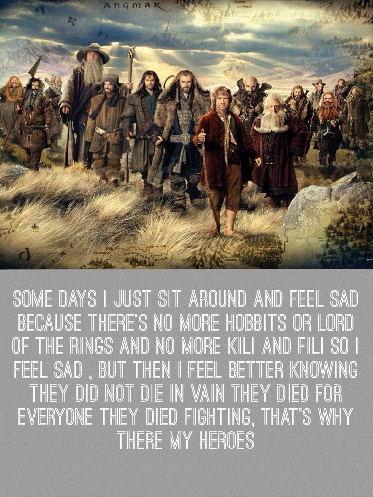 Some days I just sit around and feel sad because there's no more hobbits or lord of the rings and no more kili and fili so I feel sad , but then I feel better knowing they did not die in vain they died for everyone they died fighting, that's why there my 
