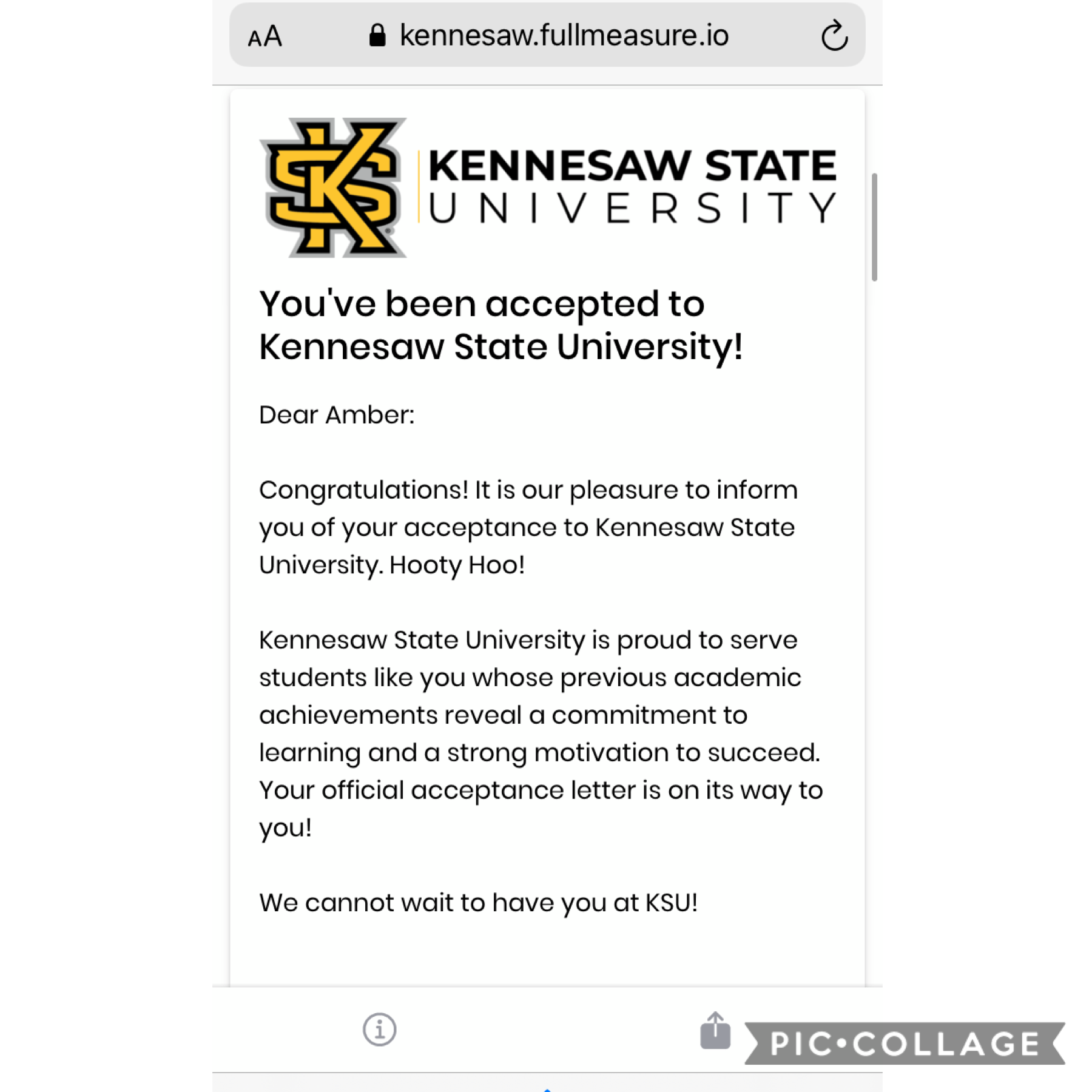 GUYS I MADE IT INTO KENNESAW 🥺 i’m waiting to hear from Georgia southern next, that’s what i’m really hoping for 🤞 i won’t know anything from them until next month bc they need my college transcript for this semester and obviously i’m still in this semest