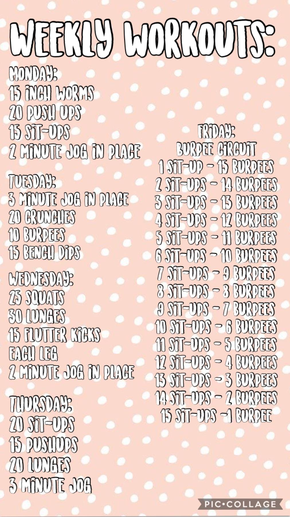 Sry I have not been active I turned off my notifications for this app and completely forgot about it 😂 but here are some workouts for this week! Enjoy everyone! 💕Like and come t if u have any suggestions!💛