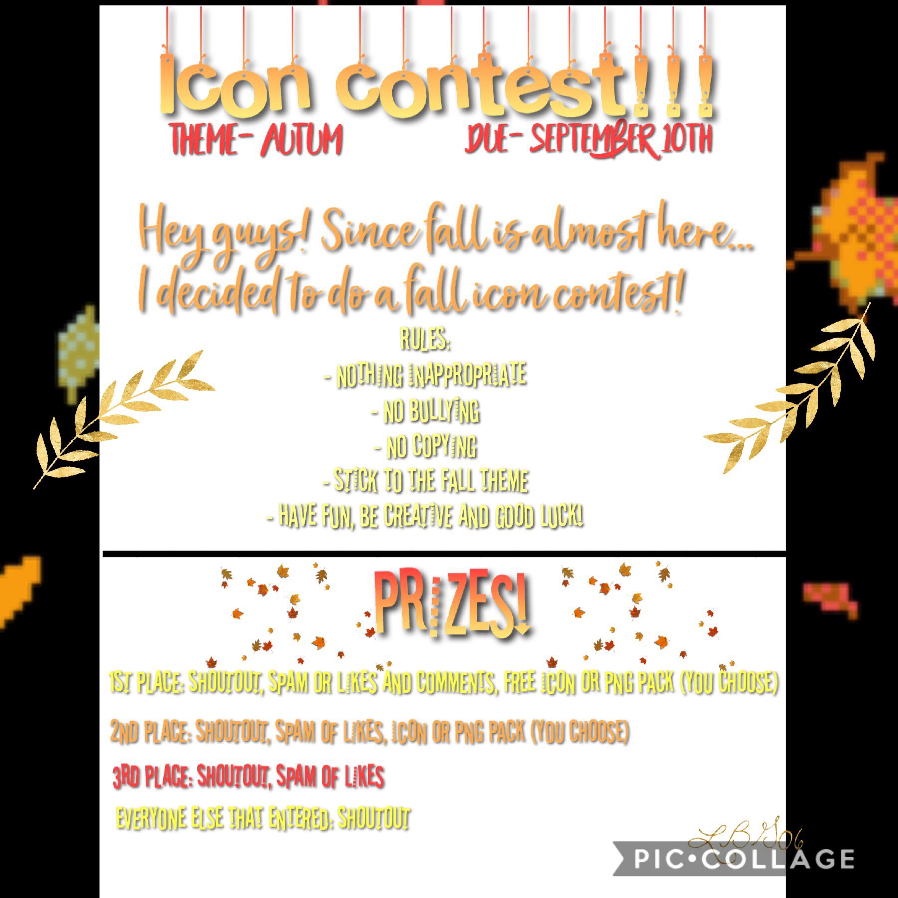 🍂Tap🍁

FALL ICON CONTEST!!! 🍁🍁🍂🍂
Due September 10th

I can’t believe summer is almost over 🙁

QOTD: are you excited for fall?
AOTD: NOPE!

Have fun! Xoxo 🍁❤️