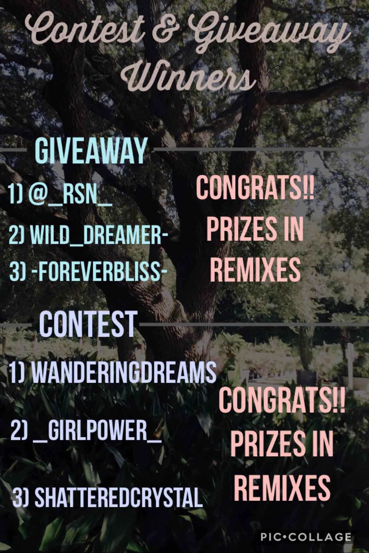 Congrats to all the winners!!🎉🎉 The Giveaway & the Contest winners have separate prizes to choose from in remixes! Honorable mentions are in remixes too!! Congrats again to everyone!!