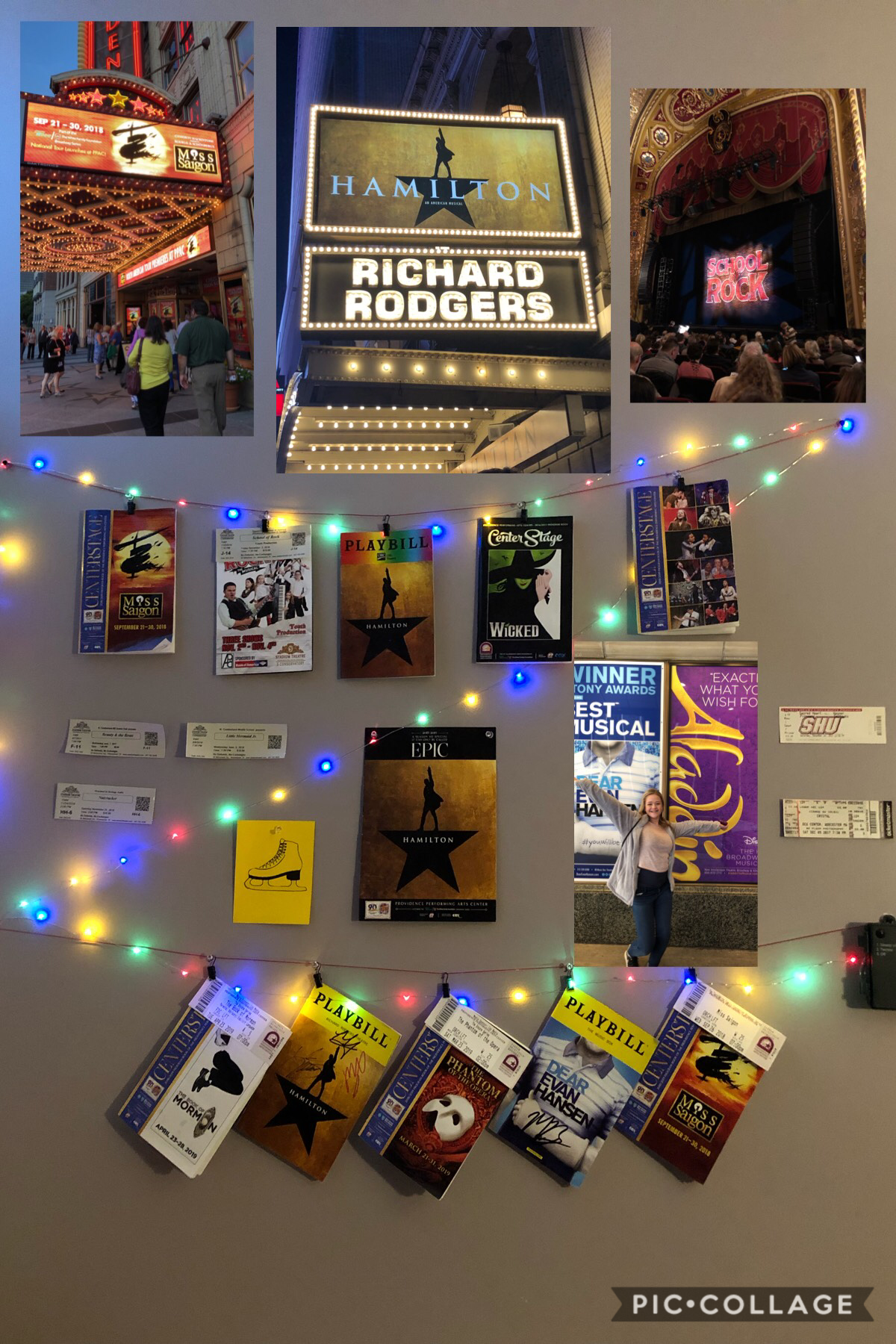 Playbill wall with LED lights featuring all of my favorite Musicals!