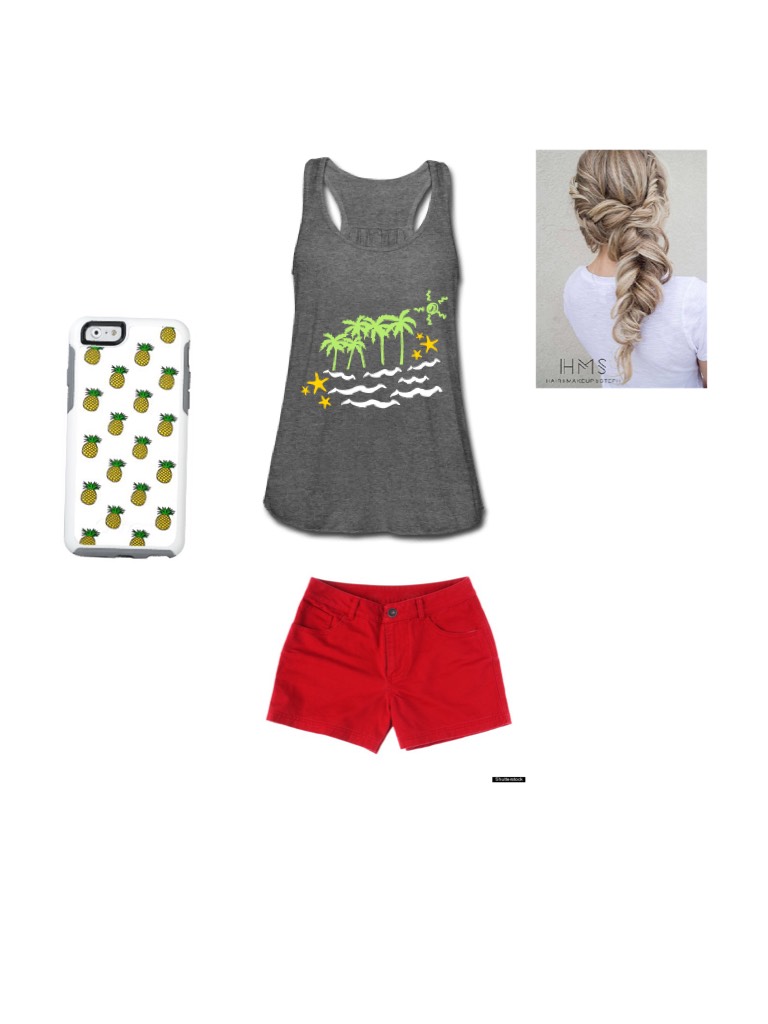 This is summer theme outfit it comes with a gray tank top and red shorts with braided hair an iPhone 6s pineapple case. 