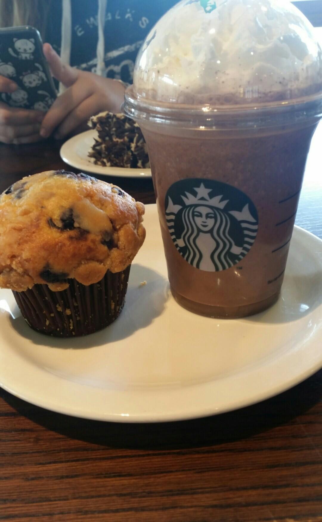 Starbucks. bleberry muffin and chocolate chip frappe with the coffee in 