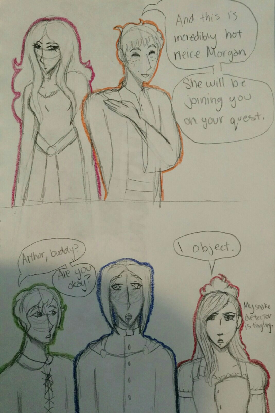 this is from an idea I had of a retelling of King Arthur. Guinevere (red) is my favorite character to draw. Lancelot is green and Merlin is orange.