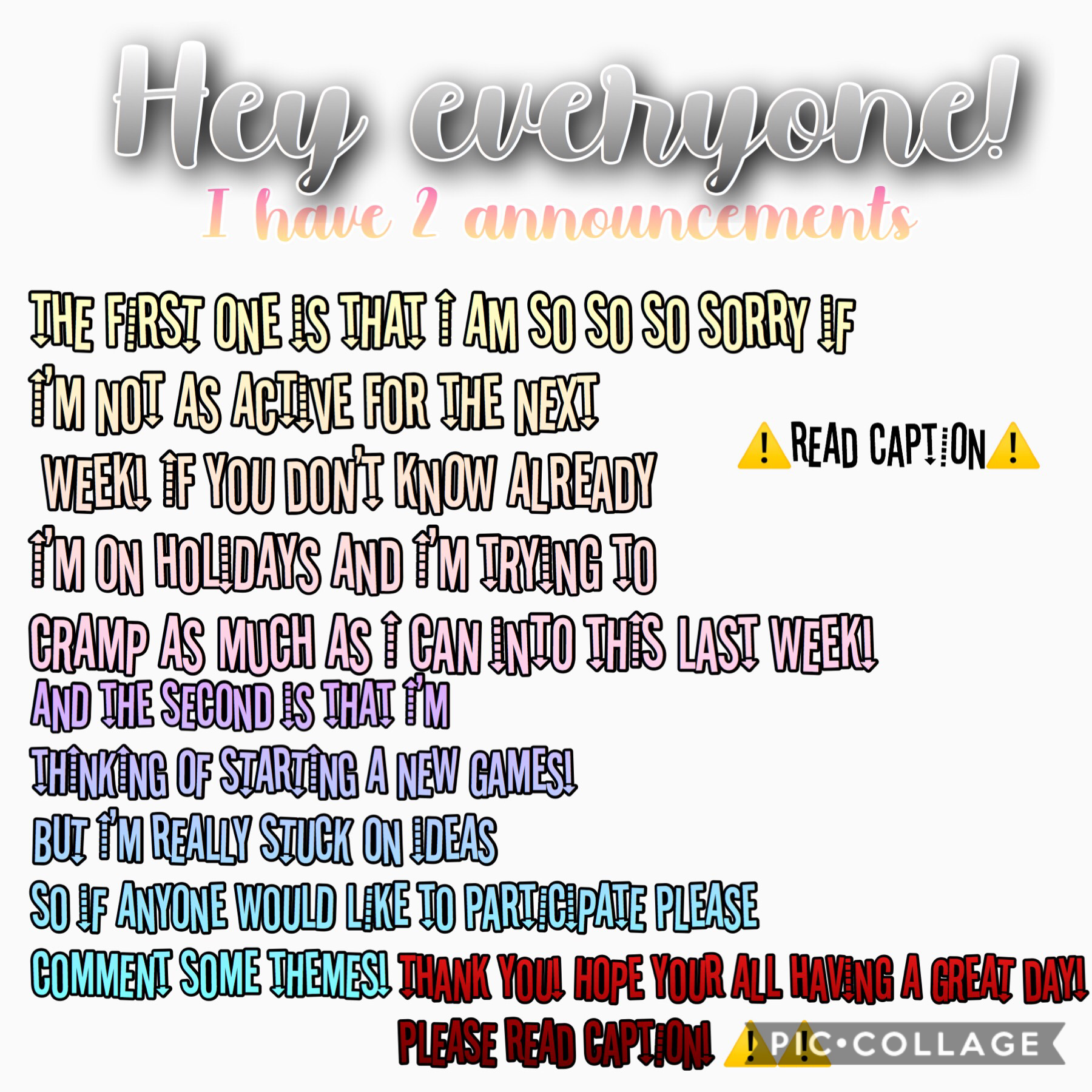 Read!!! ⚠️⚠️💫💫
Heyyyyyyyy everyone! So sometime this week I might be gone for 3 days in a row 😱 we will have to wait and see! Also I know I’ve posted like 3 times today! I’m really just trying to get a lot finished! 🥰