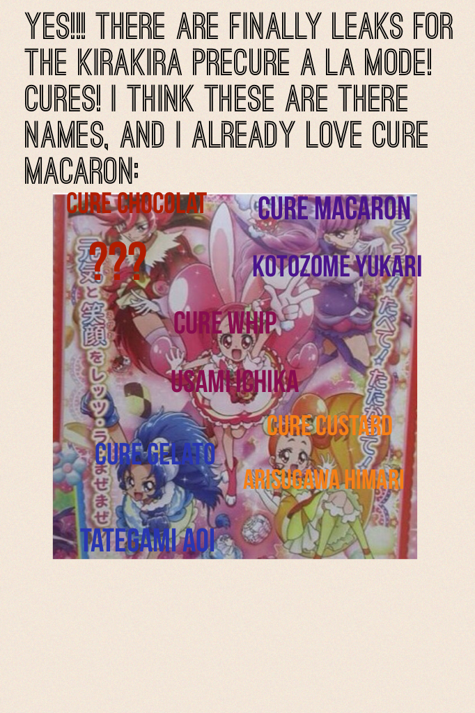 Here are the names if you can't read them:
Cure Whip/ Usami Ichika
Cure Custard/ Arisugawa Himari
Cure Gelato/ Tategami Aoi
Cure Macaron/ Kotozome Yukari
Cure Chocolat/???