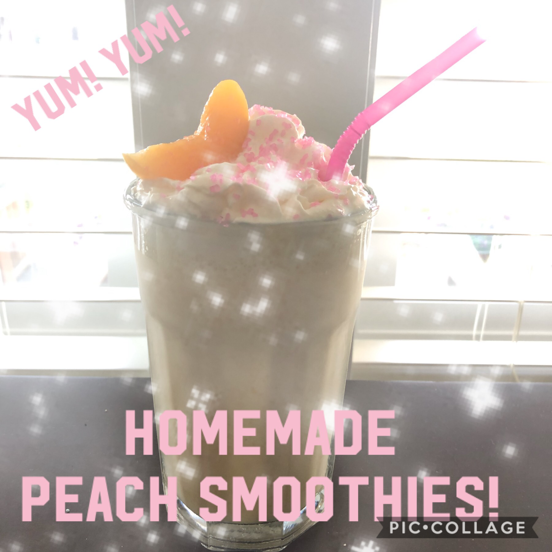 • add vanilla or strawberry ice cream or sorbet into blender.
• add any amount of peaches depending on how much of a peachy flavour you want.
• Blend and put in cup
• Add whipped cream and one peach slice
• Add pink sprinkles and a pink straw 