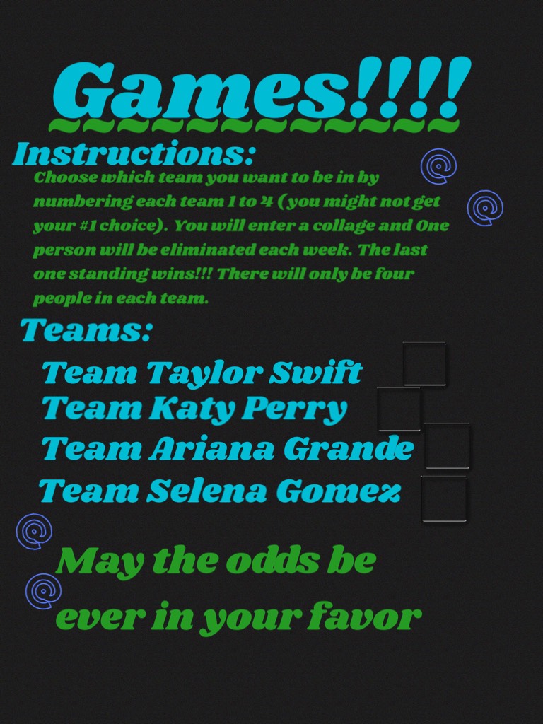 🏅tap🏅
My fist Games!!!!!
Please enter
Prizes/ honorable mentions will be announced at the end!!😘
Good luck 