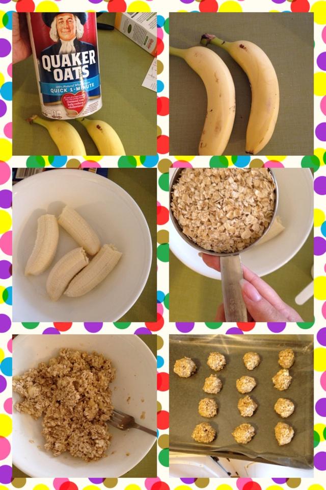 2 bananas, 1cup of oats 
Mash bananas and mix oatmeal in. Form into balls and freeze. For added sweetness, add cinnamon 