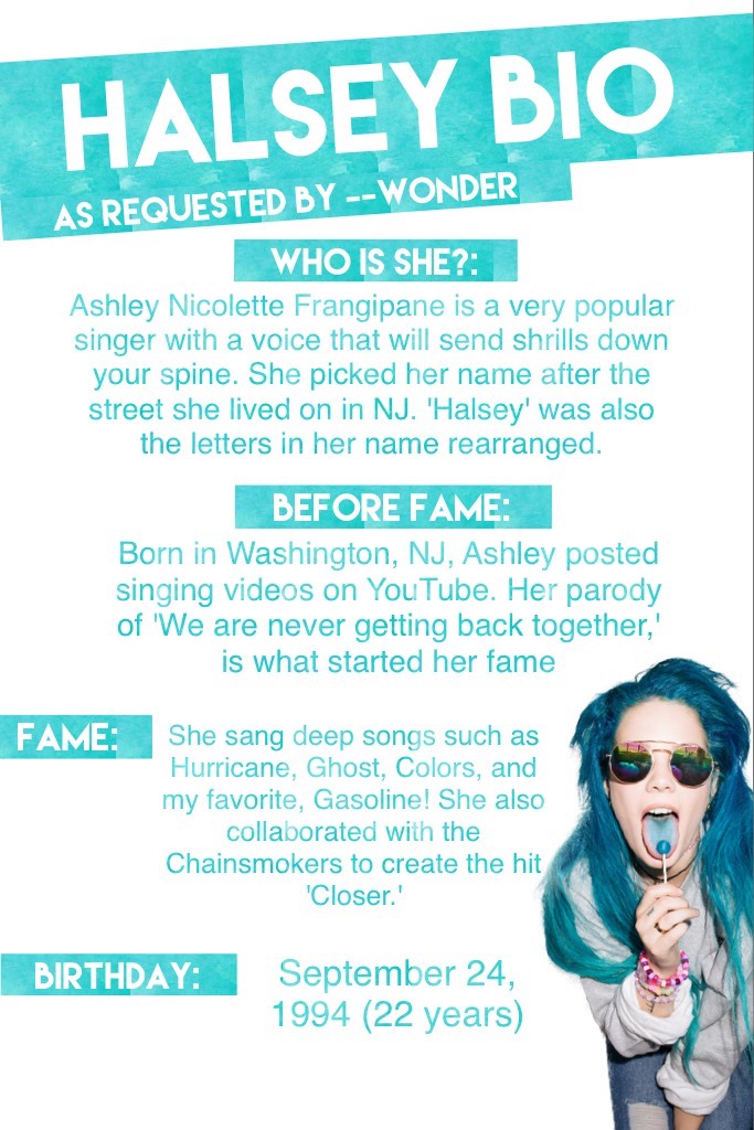 Click the heart->💙
Okay, so where are my Halsey lovers at?! Shout out to 
@--Wonder for the awesome request! Who should be featured next week? Let me know in the comments! ✨
