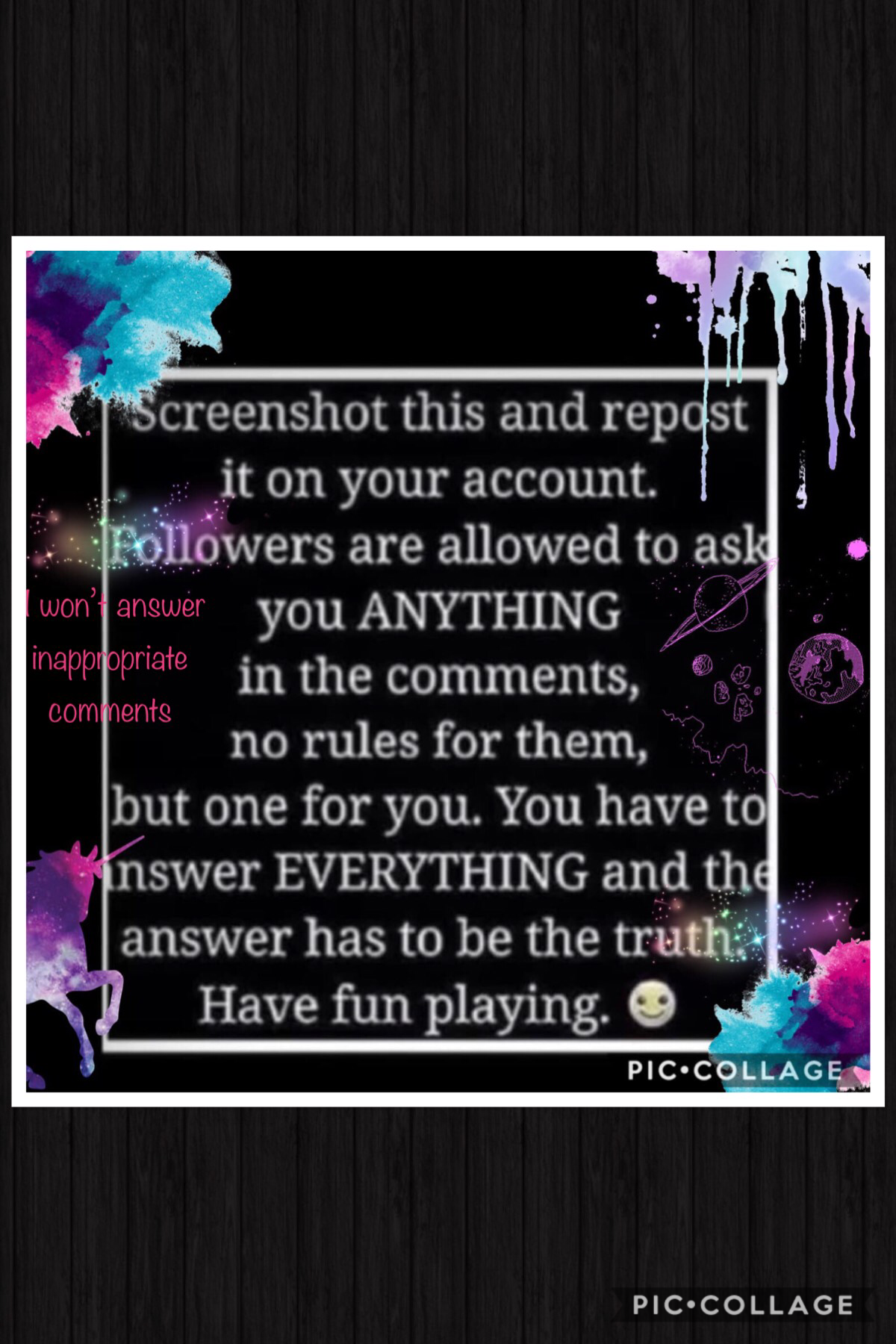 🦄💗Tap💗🦄
Hey guys! 😄Repost this, and ask me anything, as long as it’s appropriate. Love y’all, have a great night!❣️ (Or day lol)