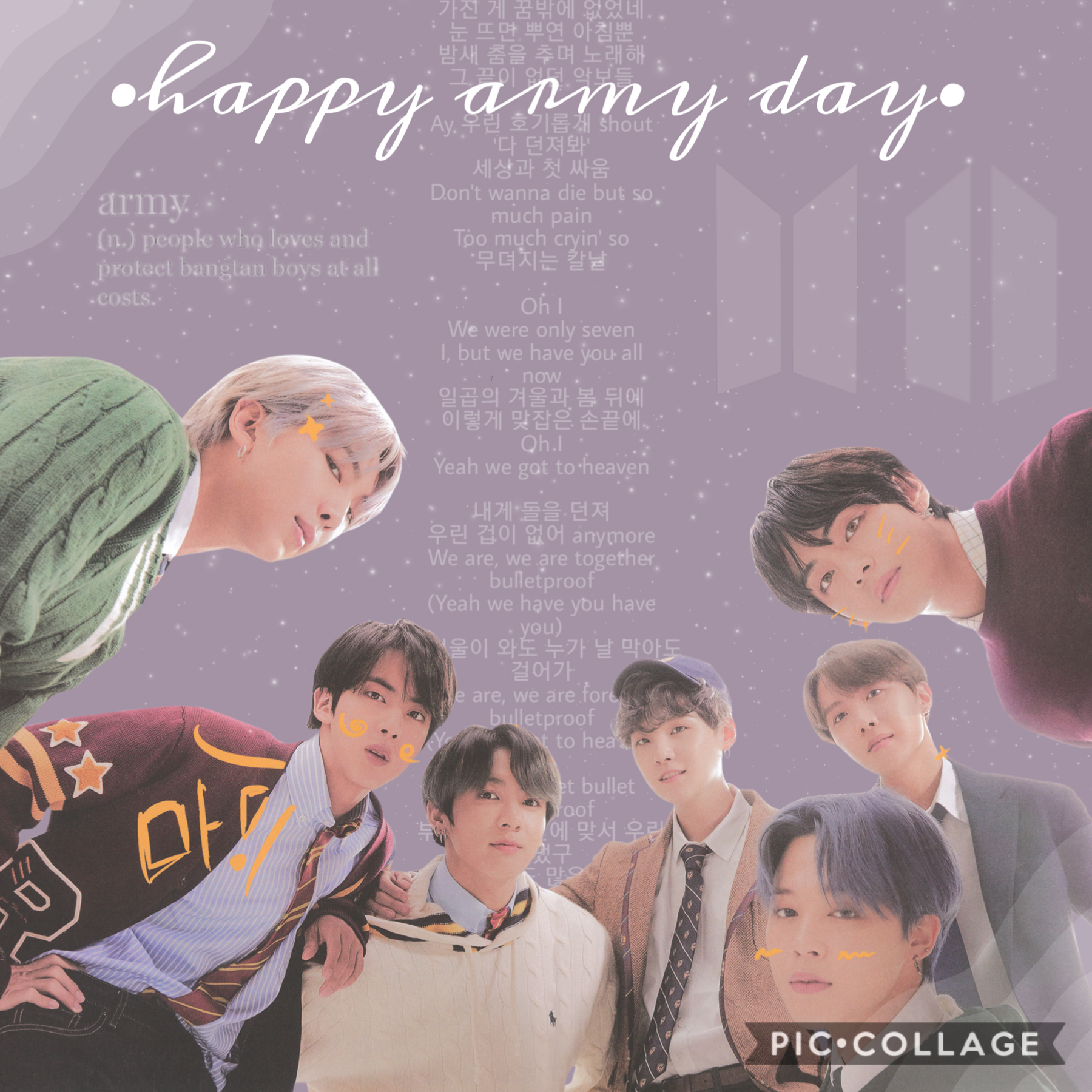•💜•
Happy ARMY Day! Army is more than just a fandom, it is a family, and I am so grateful and proud to be a part of it. Thank you to BTS and every ARMY out there! Borahae 💜💜💜
