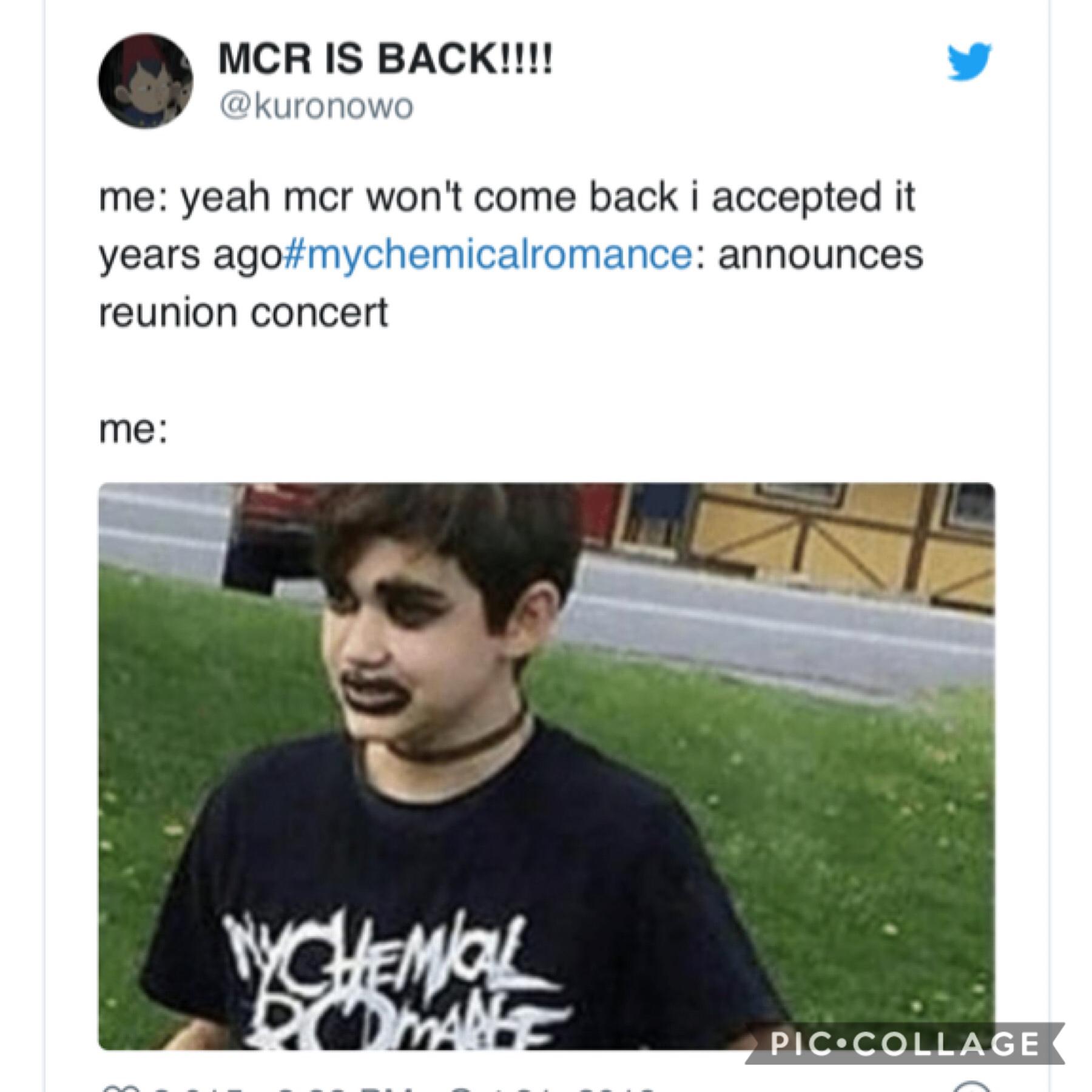 🌈🌈havnt been here in ages and came back to find out MCR is doing a concert and I might die,, my emo came back.  ALSO HAPPY HALLOWEEN TO THOSE WHO CELEBRATE IT🎃🌈🌈