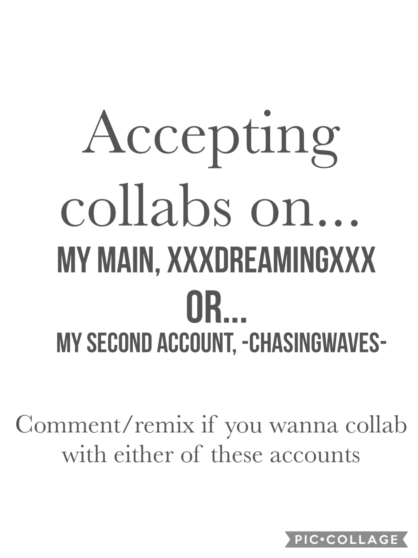 I do not like the layout, but whatever 😌 comment or remix if you wanna collab with either if these accounts and be sure to let me know which one you want me to post it on