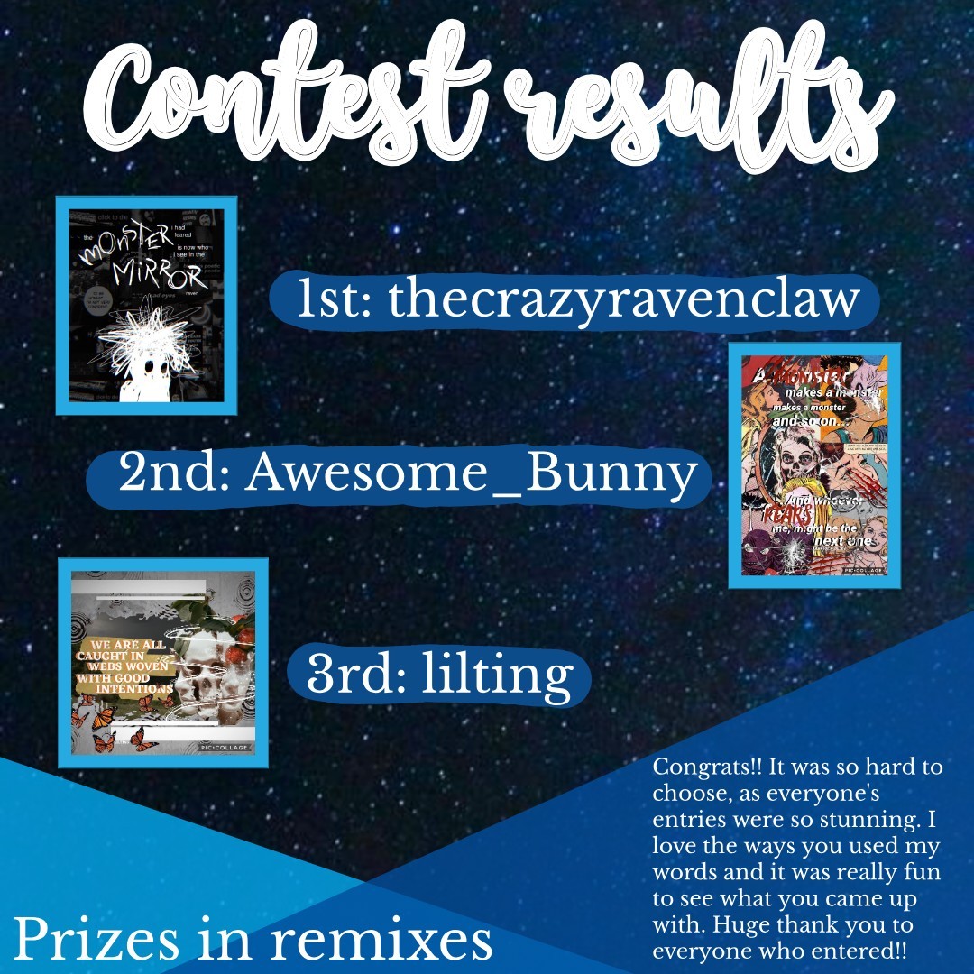 Congrats to the winners and thank you everyone!! Also as a small thank you for entering, I commented on everyone's entry with what I loved about it :)