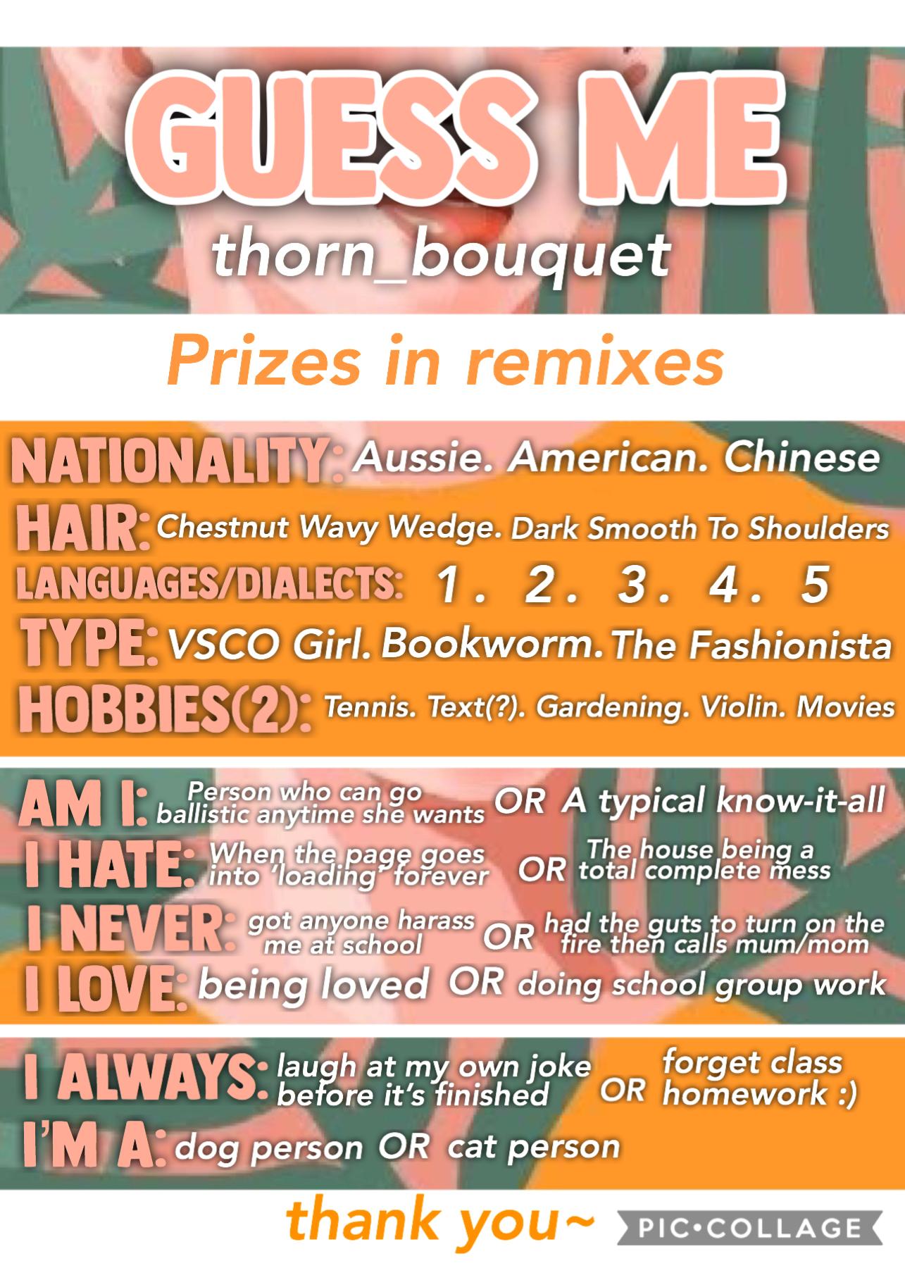 Guess Me -> 🉑 tapp 

yasss here is a Guess Me 🥰 I am really excited to see what you guys think I am like 🤔 Anyways, no pressure! This just a little activity for fun 💕
🪁Prizes in Remixes🪁