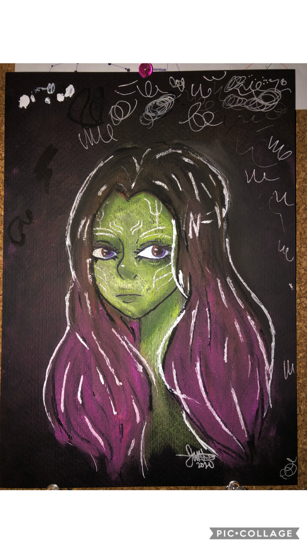 Chalk pastel drawing thing of Gamora from Guardians of the Galaxy. :) idk how much I actually like this. And chalk pastels are so fxckīng messy bro. Like seriously 😂