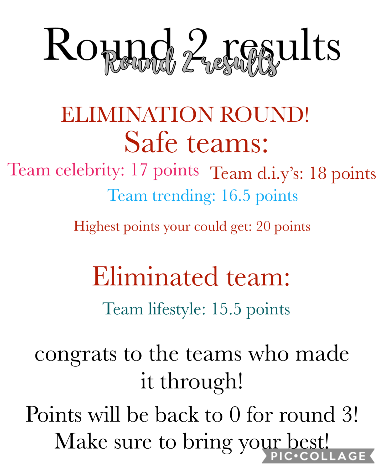 HERE ARE THE ROUND 2 RESULTS! so sorry to the eliminated team 😭 it was soo hard aughhhhhh 😂❤️❤️❤️ anyway round 3 will be up soon! ❤️❤️❤️💕💕 have a great day everyone 😘😘