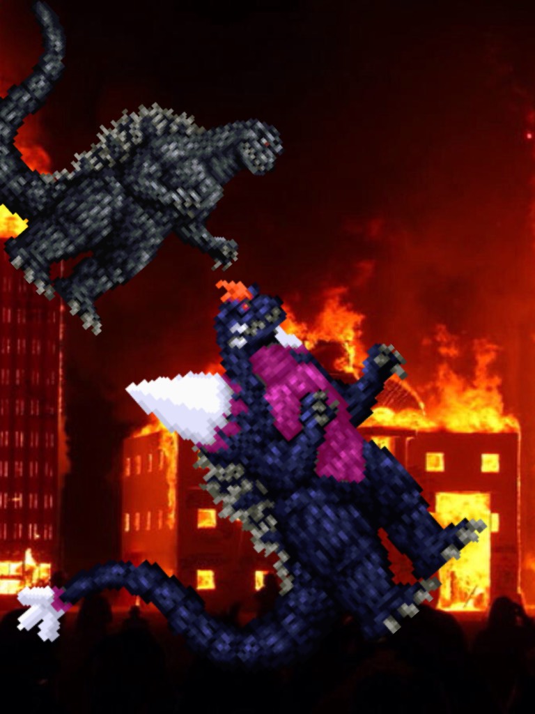 Godzillas destroying a city