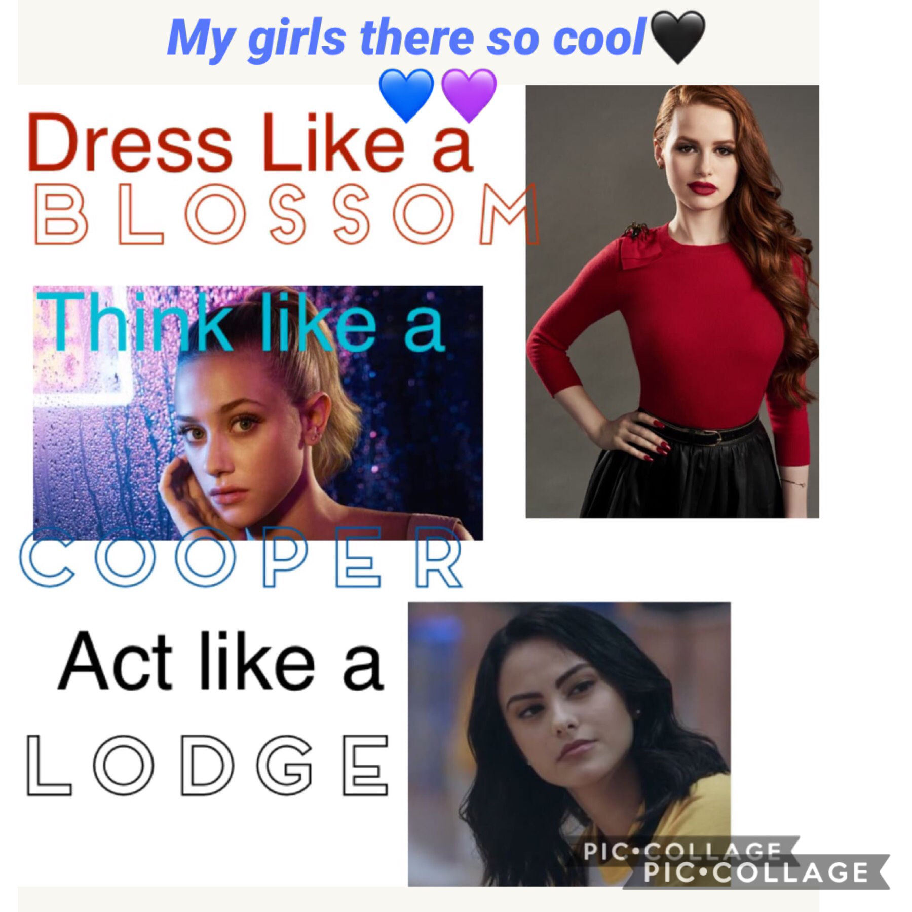 Riverdale is the best!!! These are some people from the cast of Riverdale!!! We have Cheryl Blossom🖤 Betty Cooper💙 Veronica Lodge💜 love this cast like if u agree