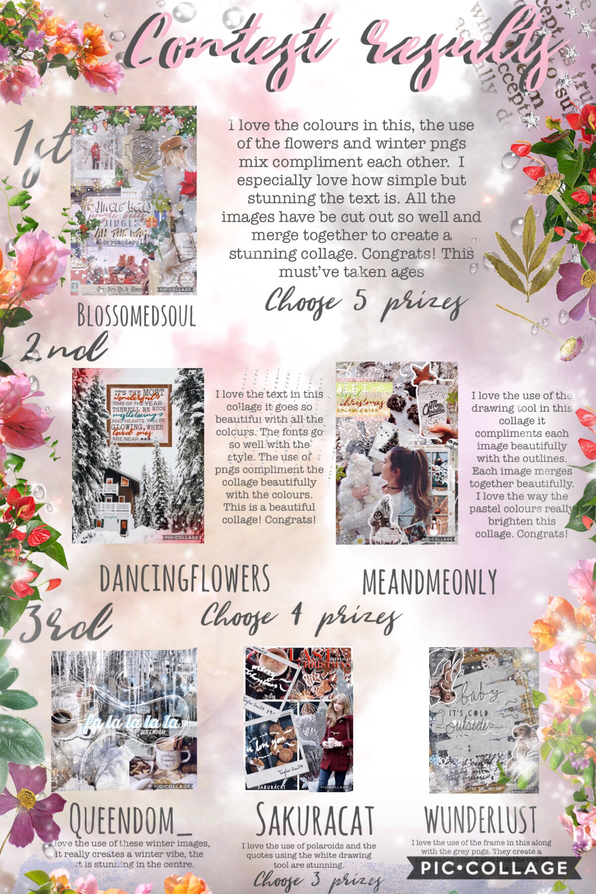 Contest results! 💓🎉
Sorry they are almost a month late I just couldn’t decide as each entry was stunning. I decided to do 1 first place, 2 second and 3 third. Prize options are in the remixes💗If you can’t read what I said about your collage let me know as