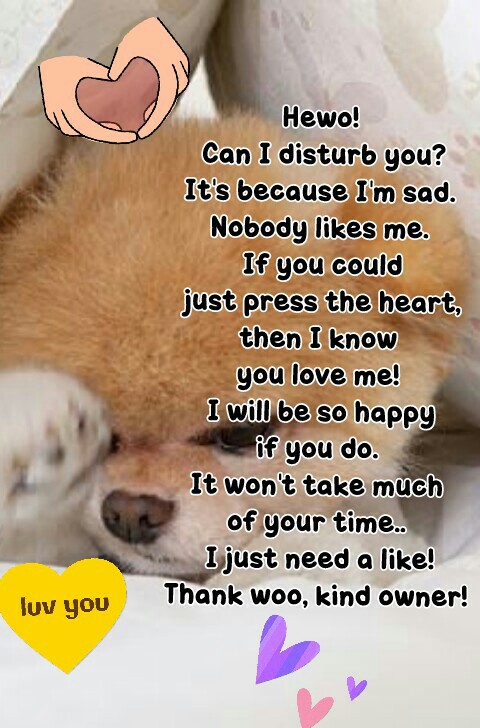 Hewo! 
Can I disturb you?
It's because I'm sad. 
Nobody likes me. 
If you could
 just press the heart, 
then I know 
you love me! 
I will be so happy
if you do. 
It won't take much 
of your time.. 
I just need a like!
Thank woo, kind owner! 