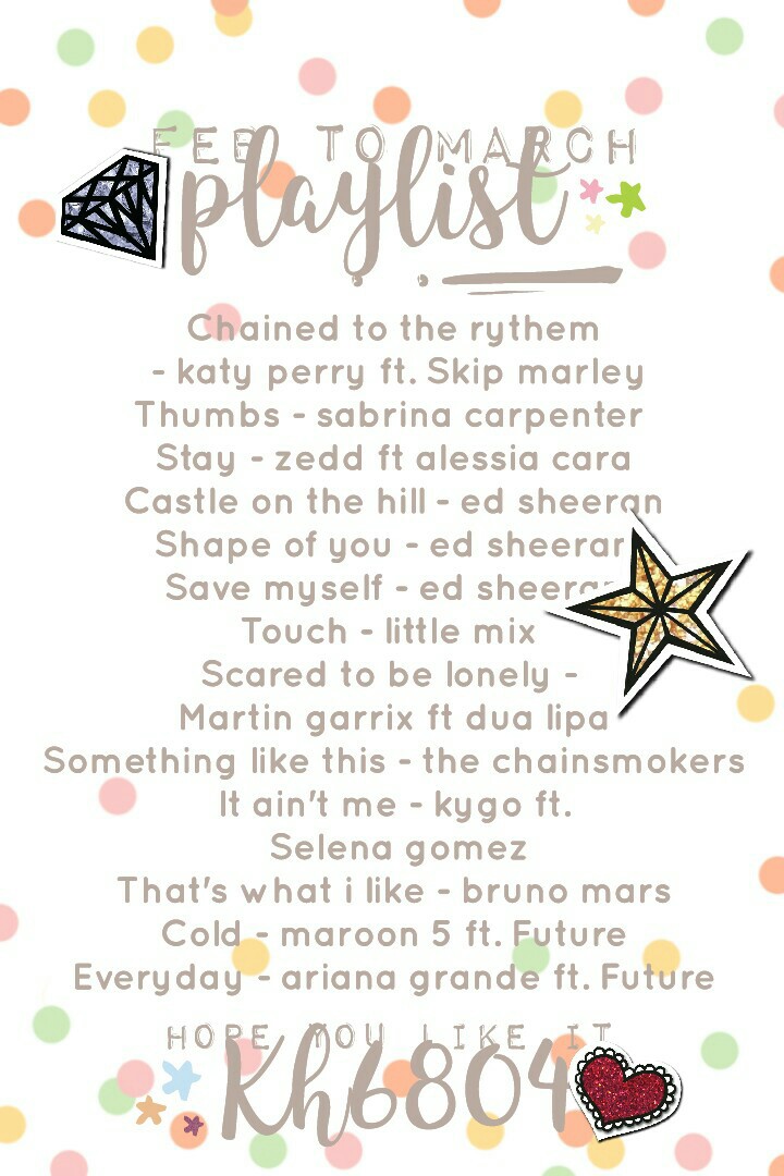 🎶first time i did a playlist! tap!🎶
♩how do u guys like it? Its the songs i like now so u might not like it... as u can see i spammed ed sheeran all over this♩
🎤comment some songs i shld add in and if i get enough songs I'll post another one at mid march!