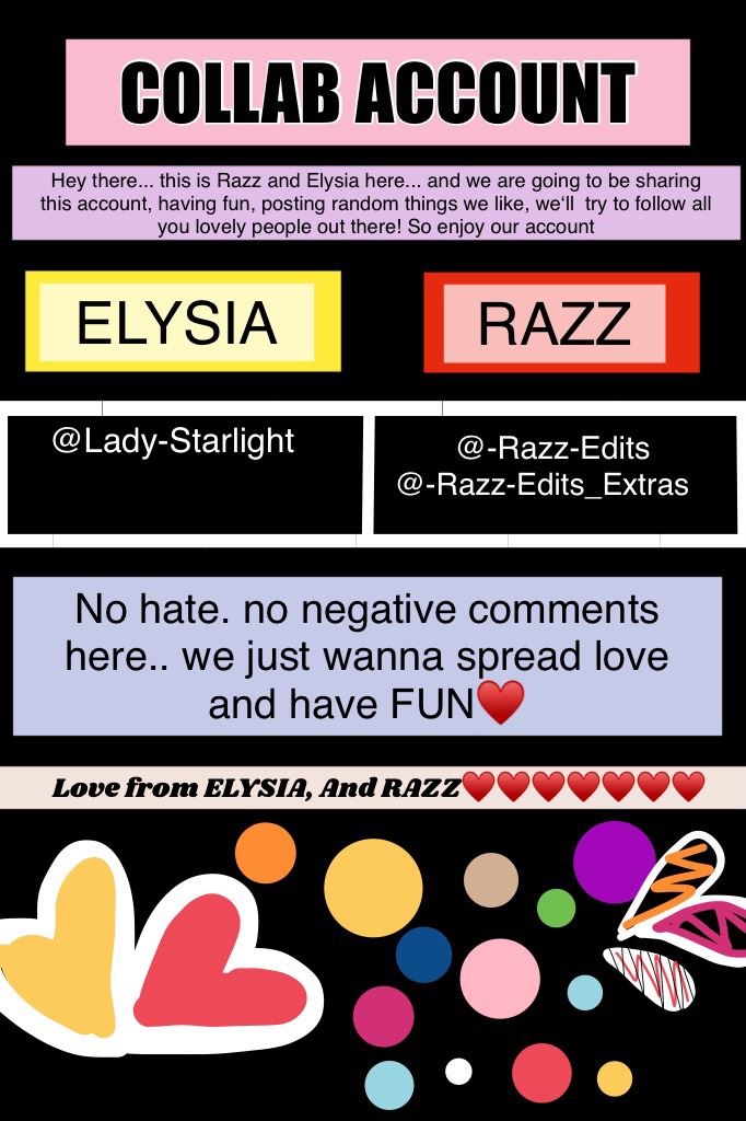 ••Tap••
Check out our accounts!
❤️ELYSIA❤️
Lady-Starlight
🥀RAZZ🥀
@-Razz-Edits
@-Razz-Edits_Extras
