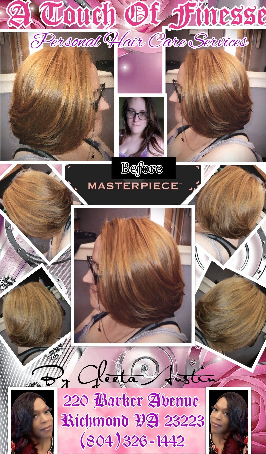 https://ATouchOfFinesseHairCare.as.me/
As a Master Stylist, the gift of being able to Start from the bottom work and train my way to the Top had given My Career a well rounded edge that has permitted My access into further understanding the customers need