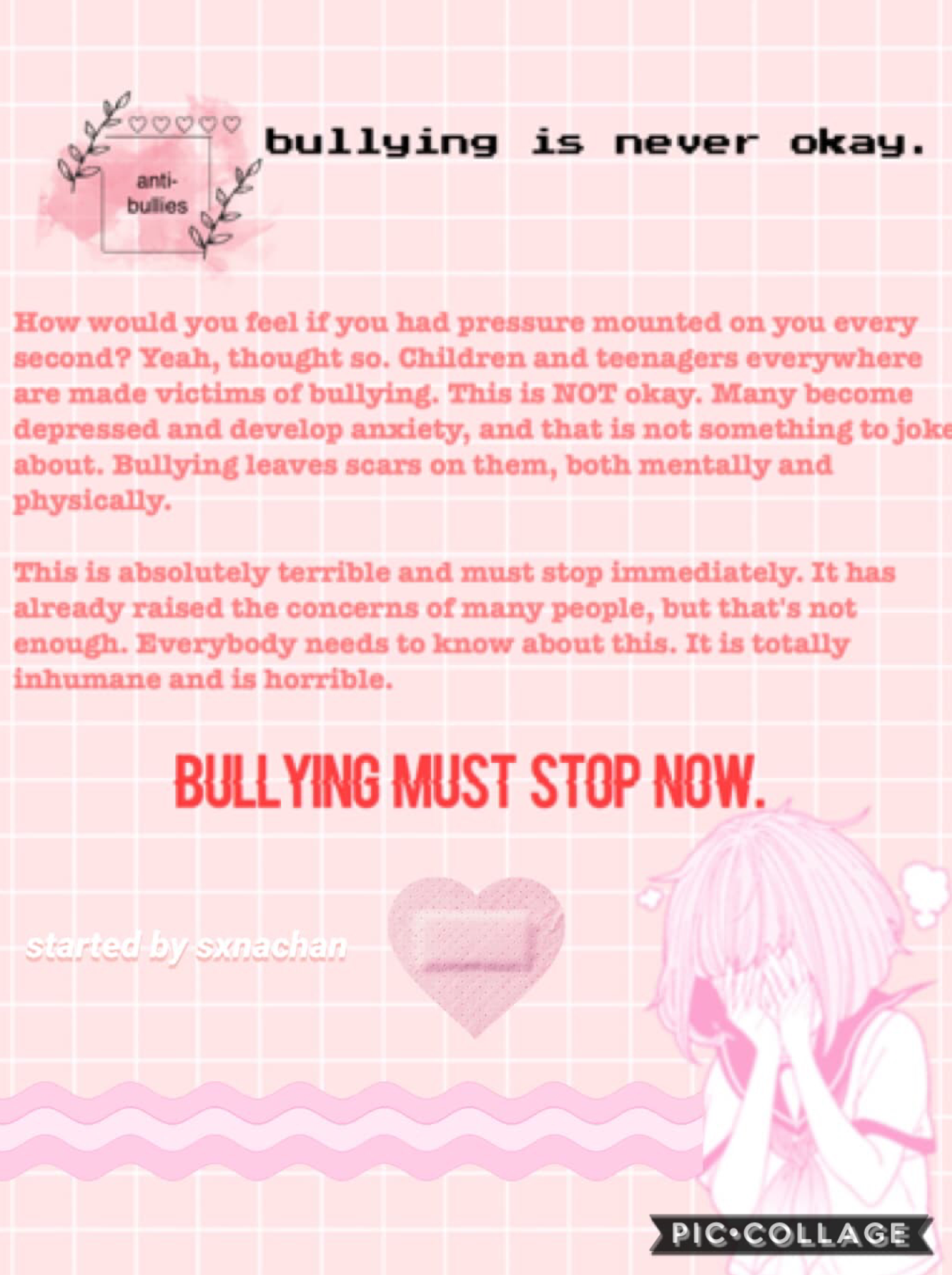 tap~

bullying is never okay and it’s never right :( please spread this around! 

💖 ~ started by sxnachan ~ 💖

love from sophie ✨☁️

