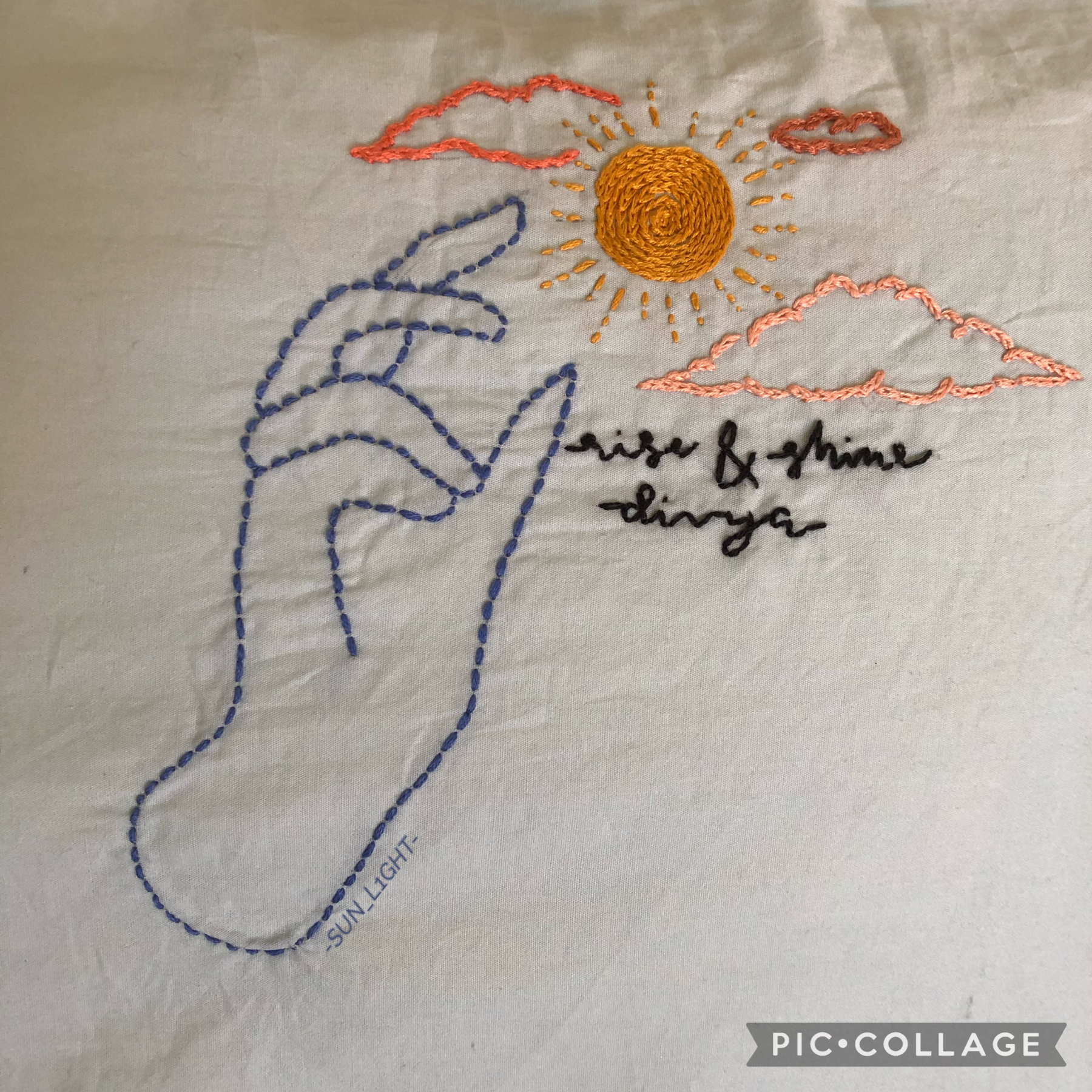 <🌞>embroidery project 1!<🪡> ~>>
embroidered this design on a pillow case for a friend (divya) who’s leaving my school~ 
this was my first big embroidery project! ☁️☀️👌 <23•9•21>
…also a segway into the new theme coming soon!! >>
