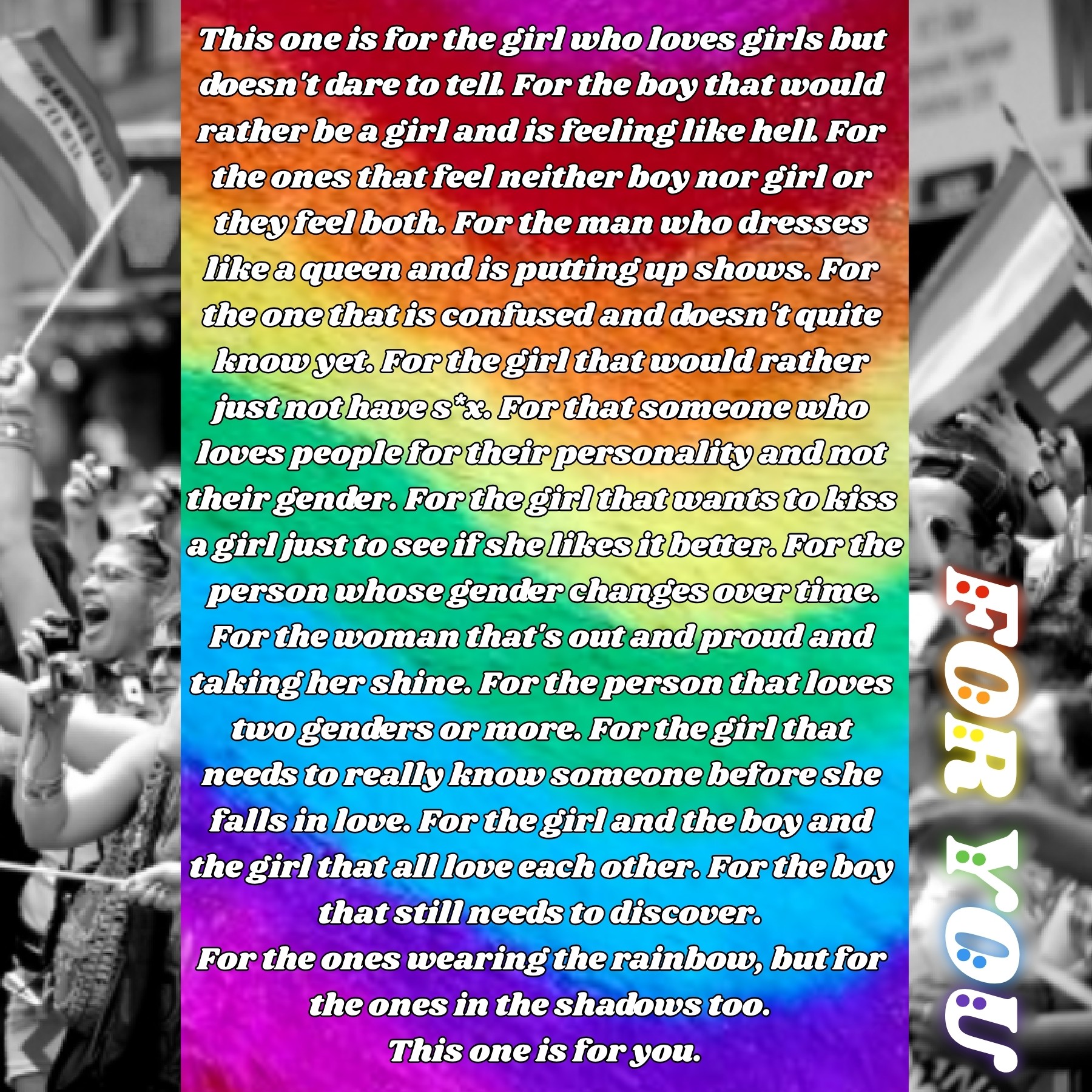 Pride poem 🏳️‍🌈
Will add some of my thoughts on pride in remixes/comments. Also credits to Kat (goofygenius) for the idea of the different colours glow.