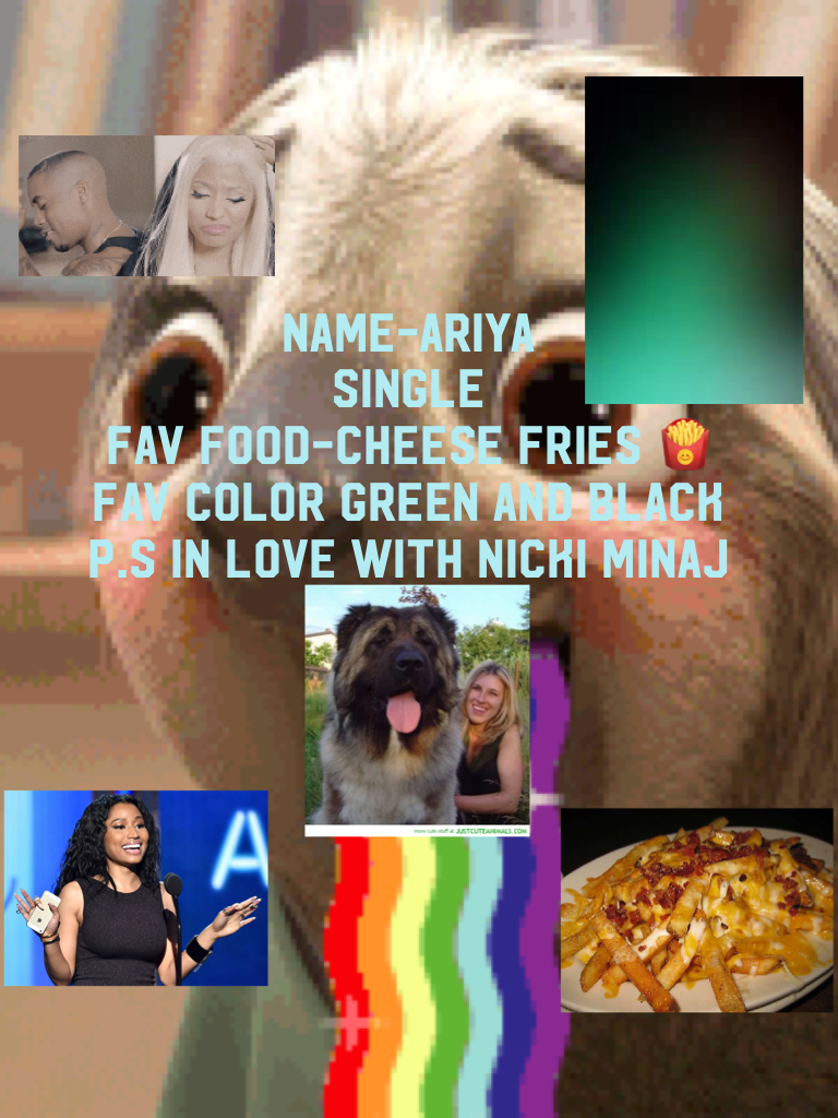 Name-Ariya
Single 
Fav food-cheese fries 🍟 
Fav color green and black p.s in love with Nicki minaj