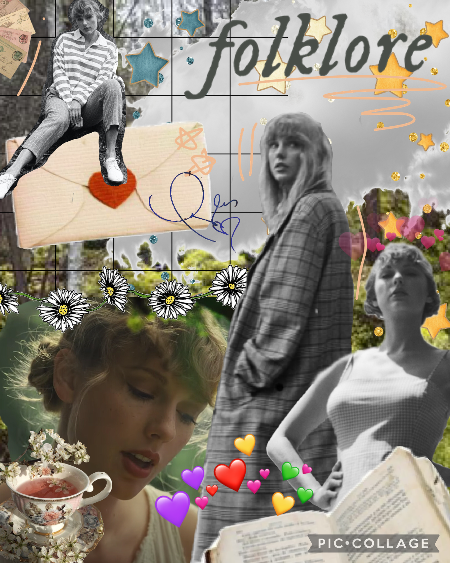 my collages have improved since ive been away #folklore #taylorswift #collage #fyp #new #taylor #album #cottagecore #woods #stars #songlyrics #hearts 