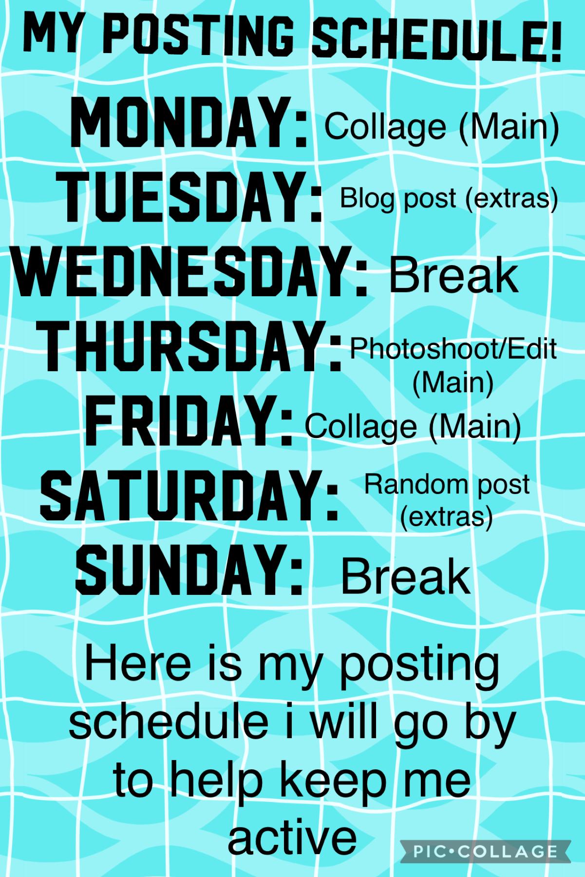 🤪TAP🤪
Here is my posting schedule. This will go into effect tomorrow, Monday (8/9/21). Please make sure you share that I am coming back and check out my other accounts 
@-rainbow-waves-
@-rainbow-waves-extras-