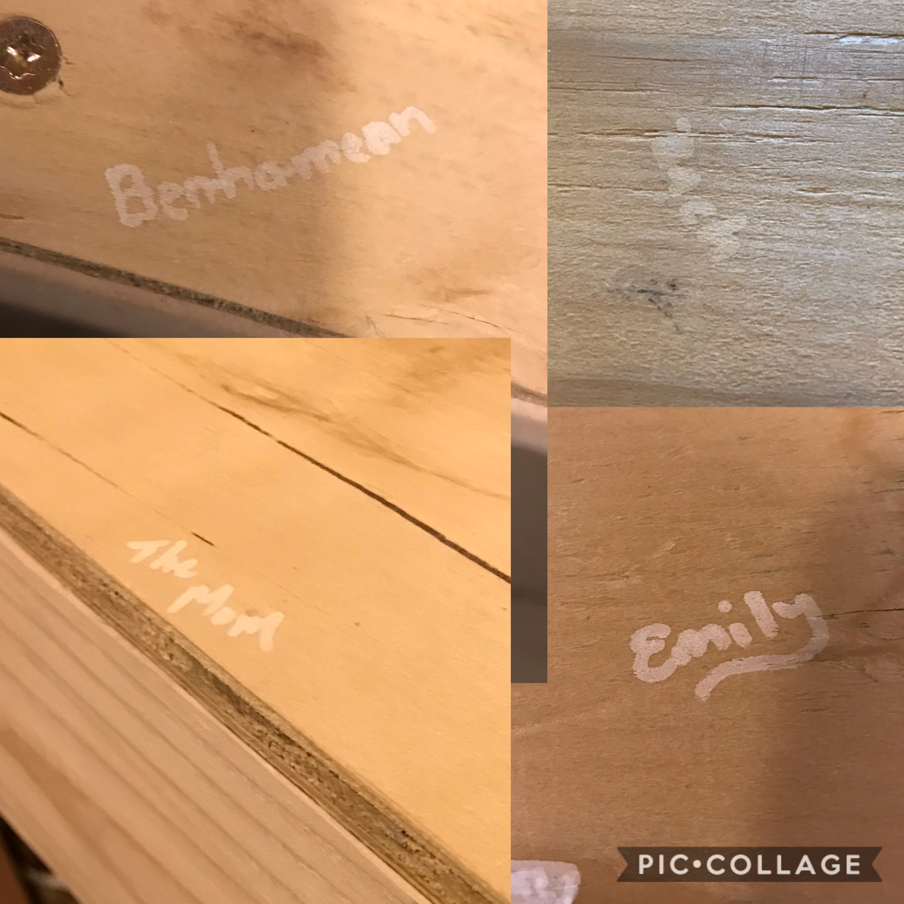 we’re redoing our kitchen so we have a piece of plywood as our countertop rn so i got my family to sign it lol (i’m emily, my brothers are benjamin (he spelled his name weirdly lol) and zach)