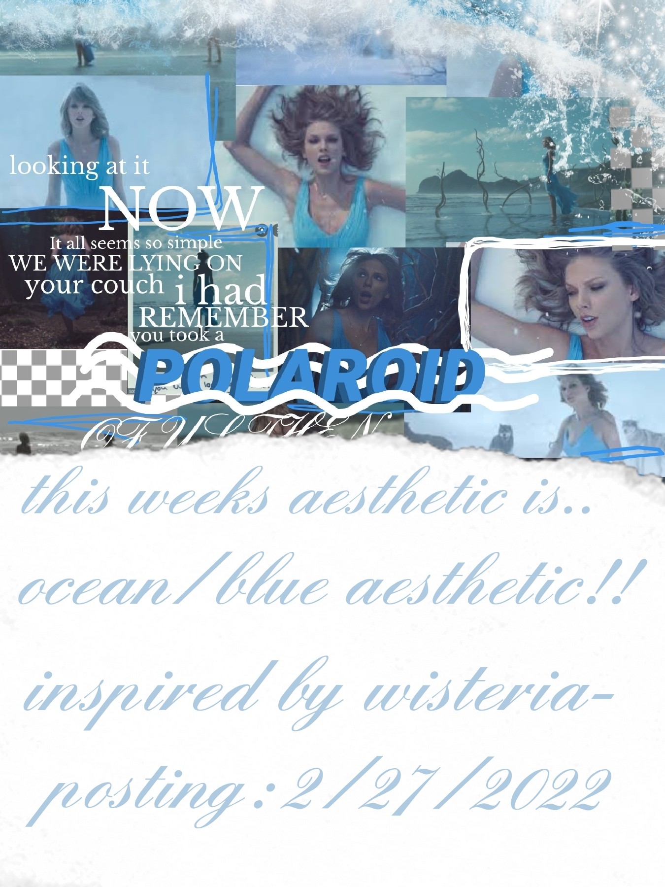 this week aesthetic is..
ocean/blue aesthetic!! sorry peaches i forgot to post last weeks aesthetic but heres the aesthetic for the week. I made this collage inspired by the amazing wisteria- she is soo amazing ya'll and needs followers like ya'll so plea