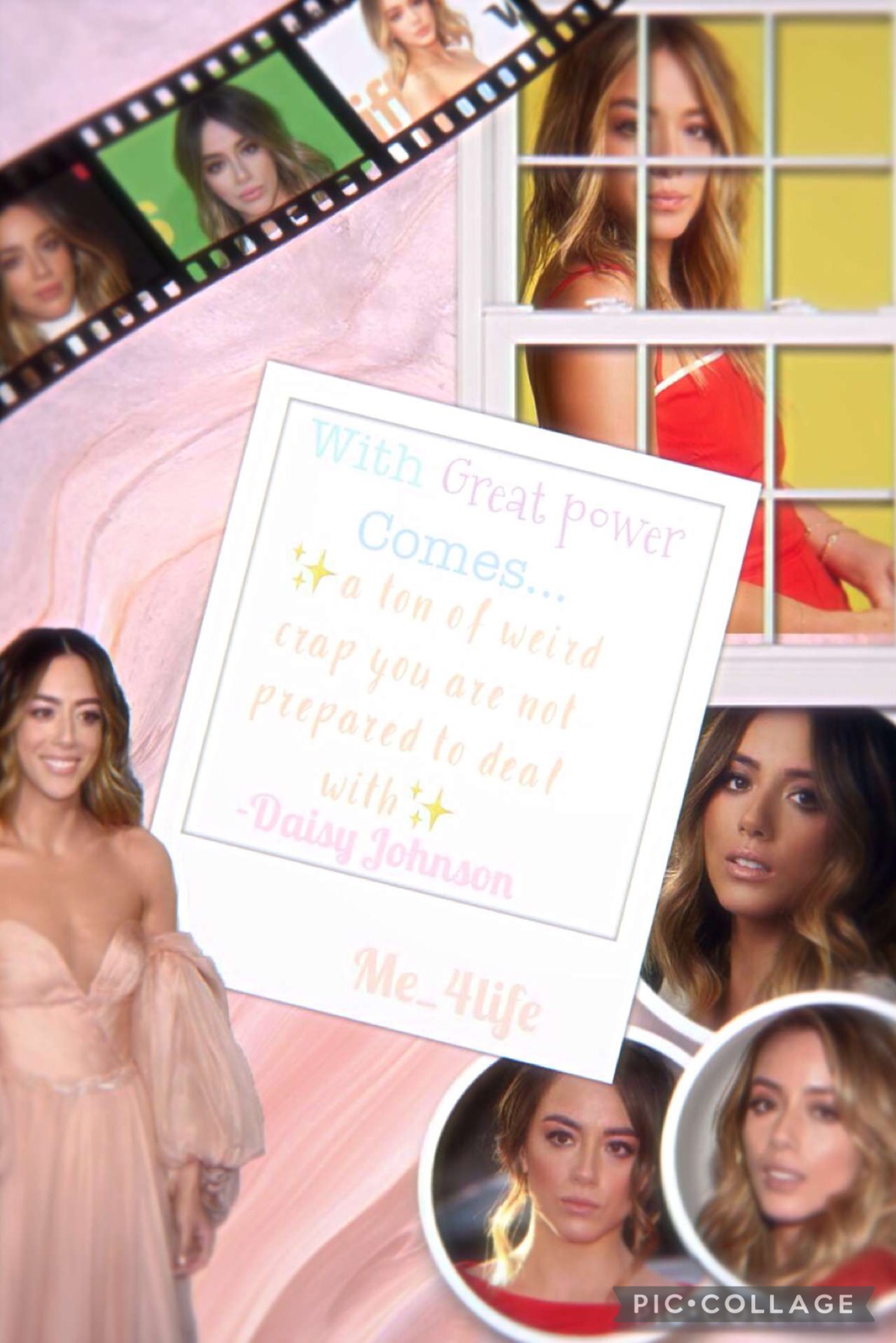 Chloe Bennet✨
I so sorry for the delay on this collage!!! Chloe plays a character in a show I watch named Daisy so that’s where the quotes from 😭😂. Filter credits goes to Lxvely_vibezz