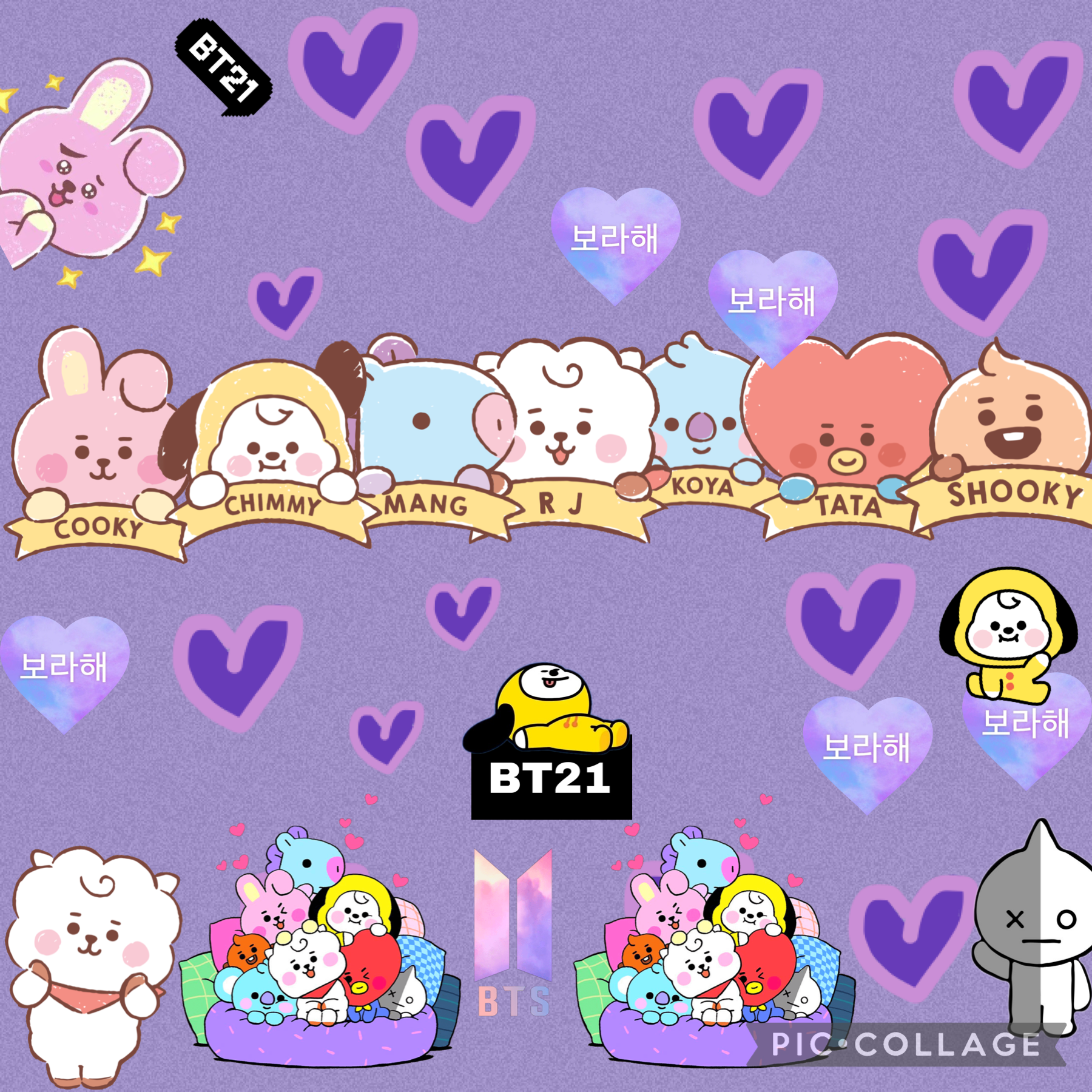                 💜~Tap~💜
Just messing around and wanted to post this bt21 inspired collage for ya! I am so sorry for not posting I miss you guys and I will try and post more often! Thank u~