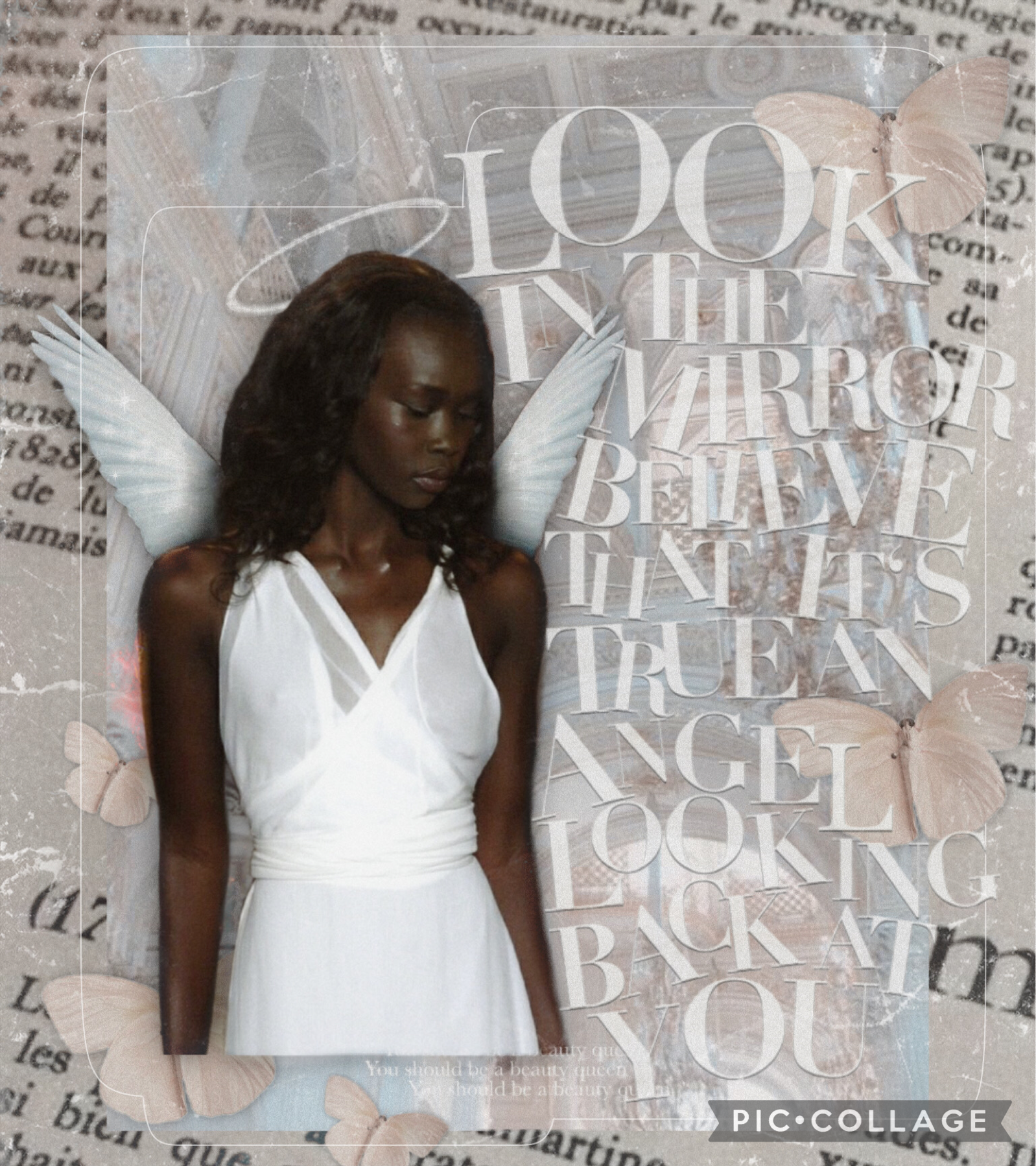 Idk who this model is but she’s so pretty. 
I had to make a collage with her on. 
Might continue an angel theme. 