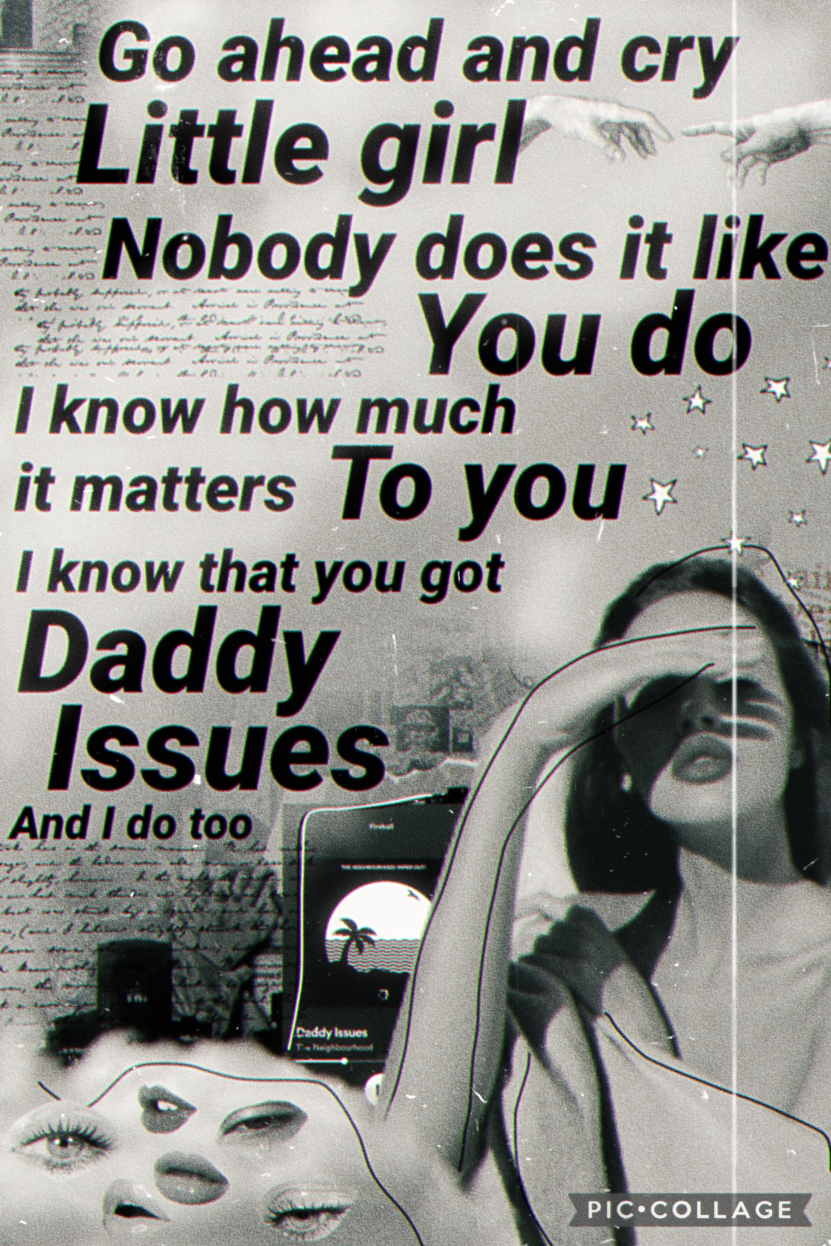 ✨🖤😞🖤✨
🖤Daddy Issues🖤
✨This collage sucks btw, I’m just not as good as what y’all could have done✨
😌Also Daddy Issues is literally 1 on my playlist cuz ITS SO GOOD LOL im obsessed😌
👍um yeah that’s it
