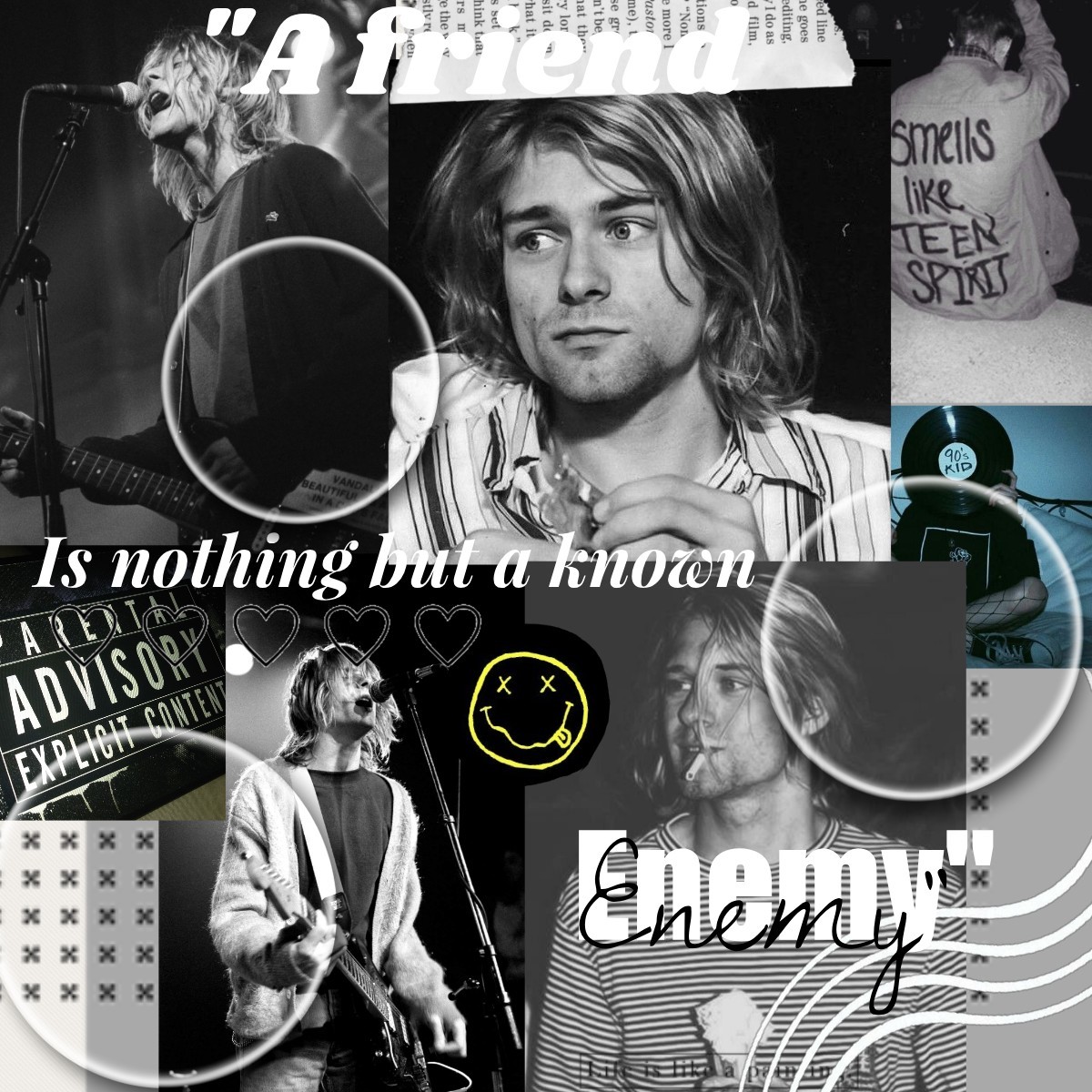 🚬tap🏳
hello! here is a Kurt cobain collage I've been really loving nirvana recently specially "somethings in the way"!
love you guys!